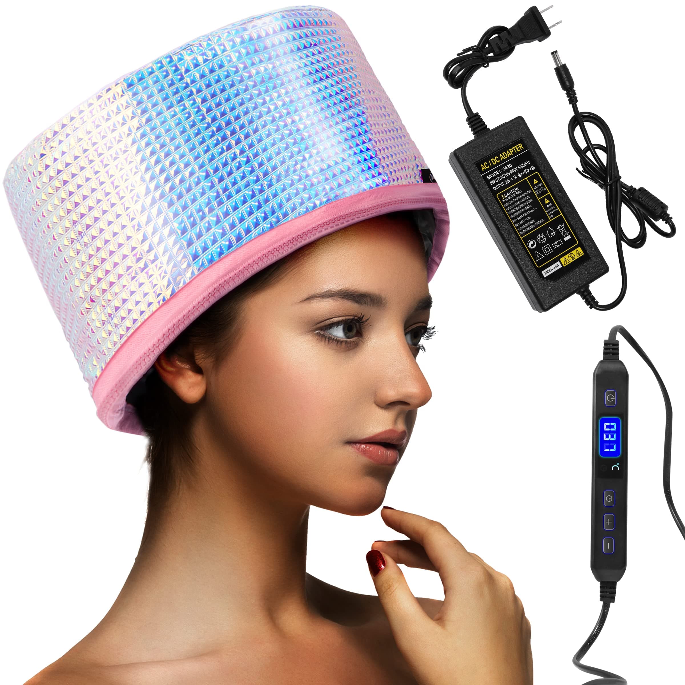 Bilinavy Heat Cap for Deep Conditioning Adjustable Temperature & Timer Setting, Hair Steamer for Natural Hair Home Use Extended Cord Electric Portable, Laser Color