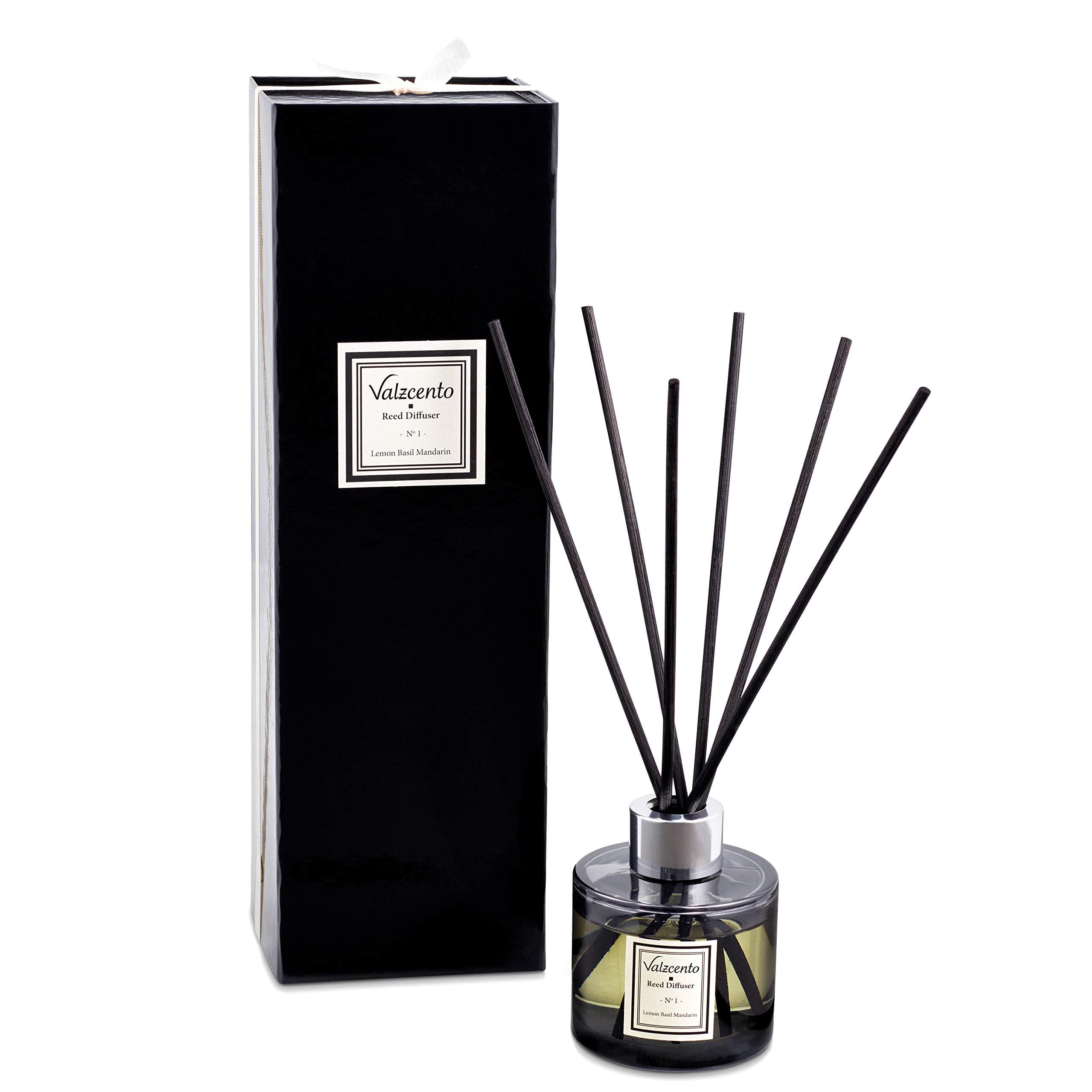 Reed Diffusers, Luxury Oil Diffuser (Lemon Basil And Mandarin) Black Rattan Reed Sticks. Long Lasting up to Three Months 100ml