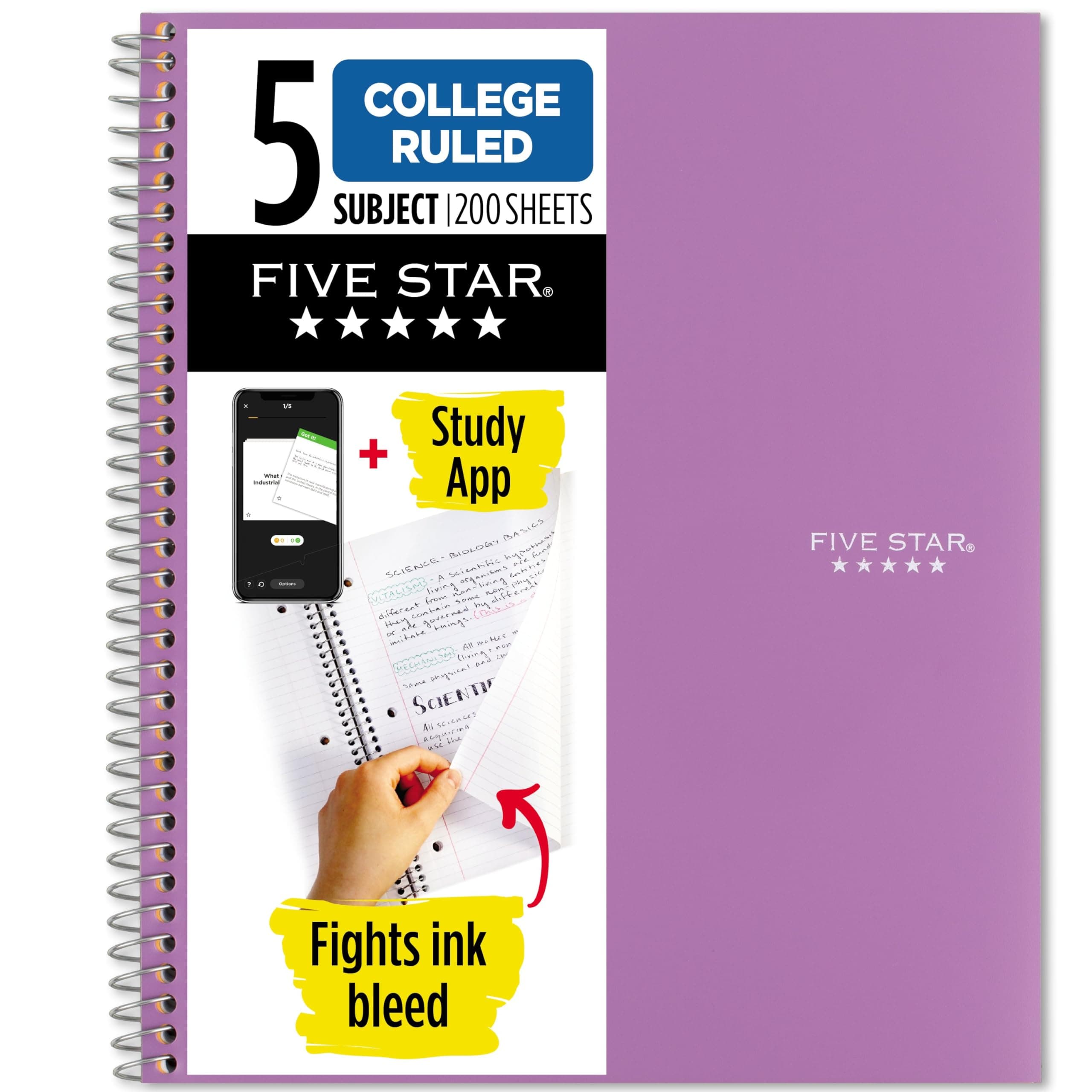 Five Star Spiral Notebook + Study App, 5 Subject, College Ruled Paper, Fights Ink Bleed, Water Resistant Cover, 21.6 cm x 27.9 cm, 200 Sheets, Purple (38748)