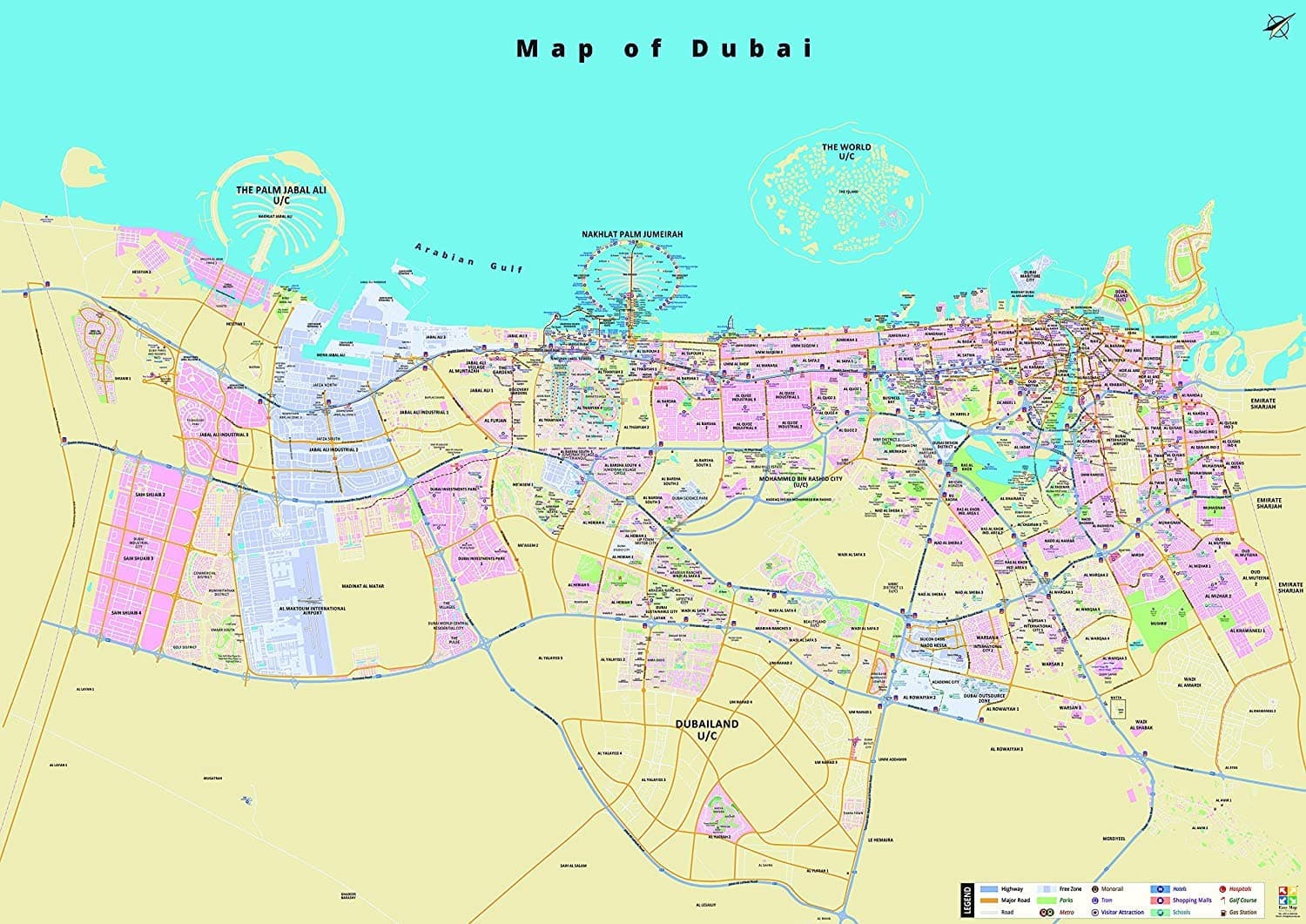 Generic Dubai 2D Wall Map - Width 118.9 cm x Height 84.1 cm, Political, Glossy, Full Color