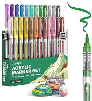 JusArt Acrylic Marker Pens, 24 Color Set, Water-based, Sparkling, Broad, Acrylic Paints, Large Capacity, Illustration, For Writing Fabrics, Glass, Plar, Stone, Wood, Pottery, Metal.