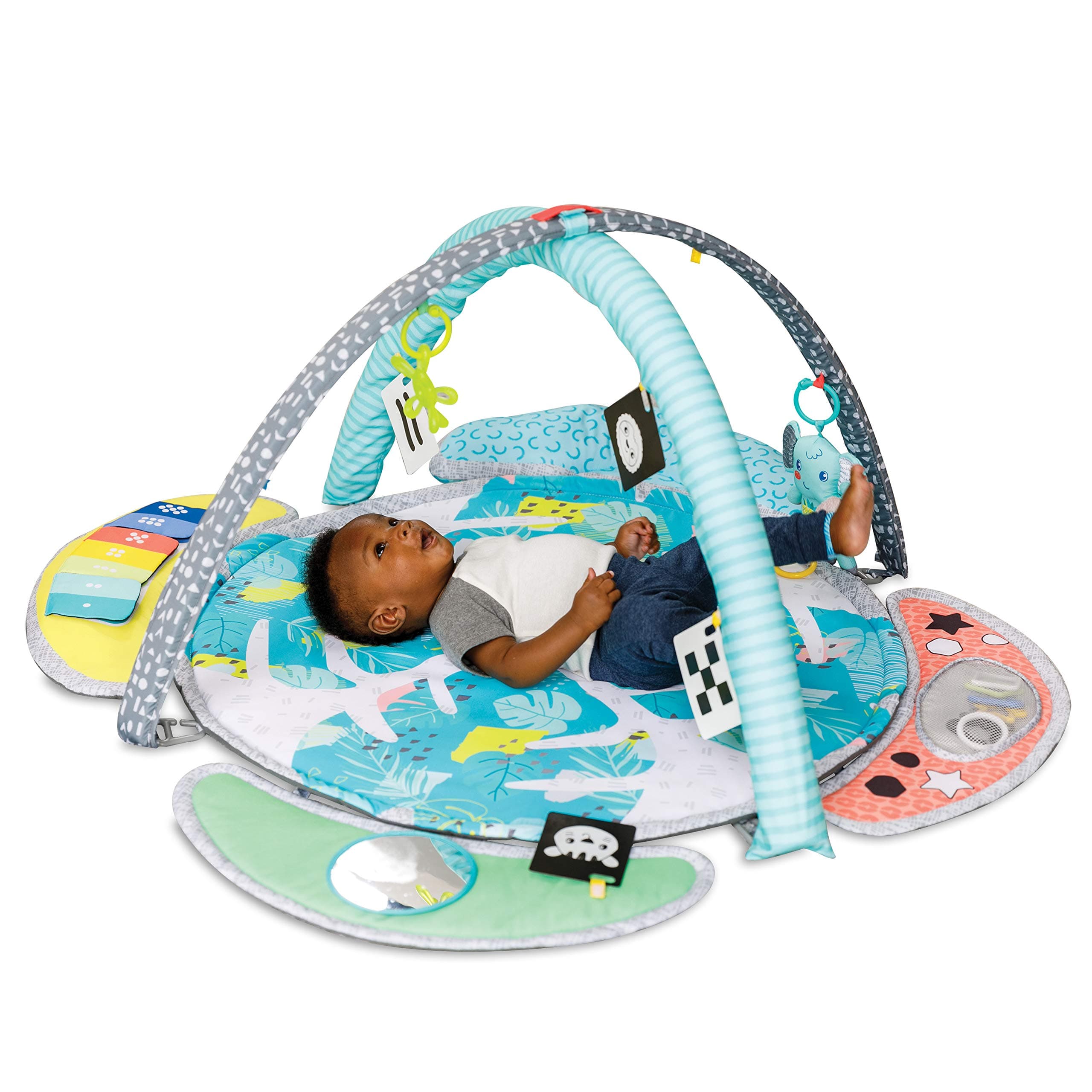 Infantino 5-in-1 Epic Developmental Learning Gym - 3 Play Modes, 5 Must-Have Baby Basics, Prop-Up Bolster, On-The-Go Activities, High Contrast Flashcards, Adjustable/Removable Arches, 32" Giant Mat