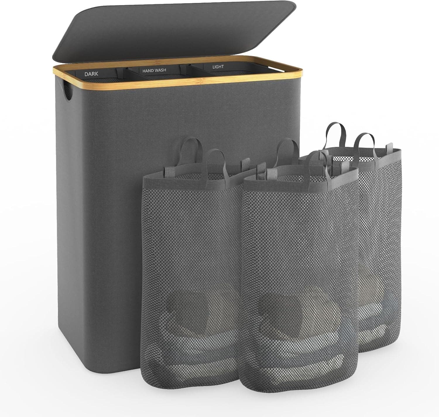 Laundry Hamper with Lid, 145L Extra Large Hamper 3 Section Dirty Clothes Hampers for Divided Basket Organizer for Bedroom, Laundry Room, Grey