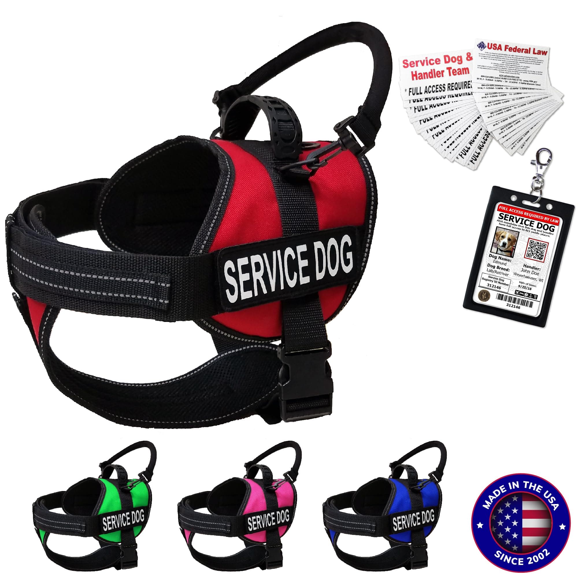 ActiveDogs Service Dog Vest Harness + Clip-on Bridge Sturdy Handle + ID Card Carrier + ADA Cards + Reflective Service Dog Patches - Large Service Dog Harness Vest for Large Dogs (Girth 25”-35”) Red