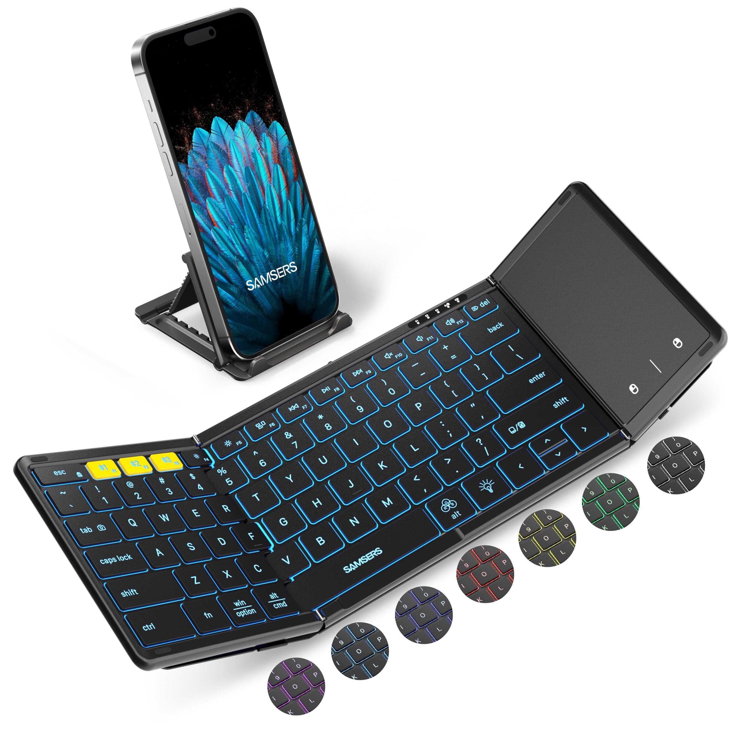 Samsers Foldable Bluetooth Keyboard with Touchpad, Full-Size Wireless Folding Keyboards with Backlight, Portable Travel for iOS Android Windows Mac OS, Support 3 Device(BT5.1 x 3), Black