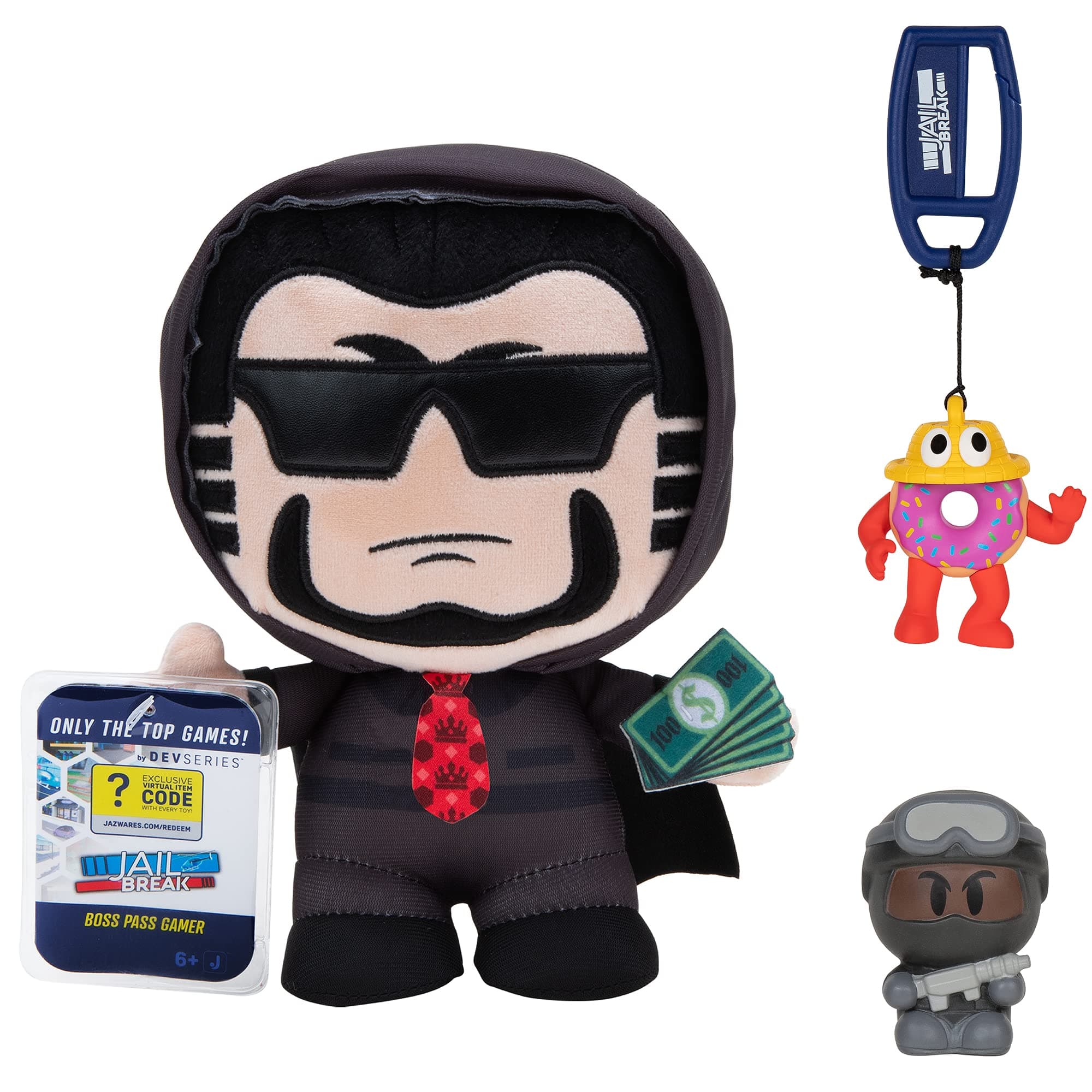 DevSeries Jailbreak Collector Bundle - Three Exclusive Virtual Item Codes with Boss Pass Gamer Plush, SWAT Pass Gamer Squooshems, and Mr. Donut Hanger