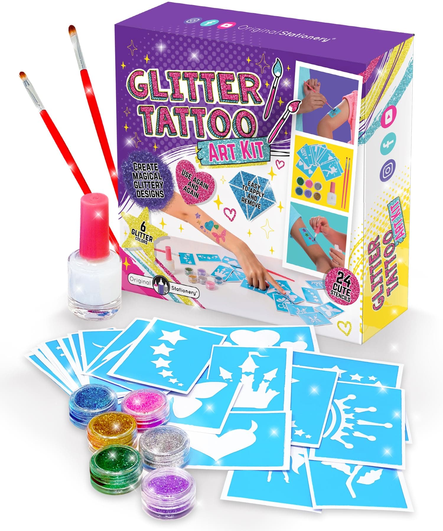 Original Stationery Glitter Tattoo Kit - 33-Piece Multicolor Set, Ages 3-8, 24 Stencils, 6 Color Pots, 2 Brushes & Adhesive - Glitter Tattoos for Kids & Sleepover Party Supplies, Easter Gift