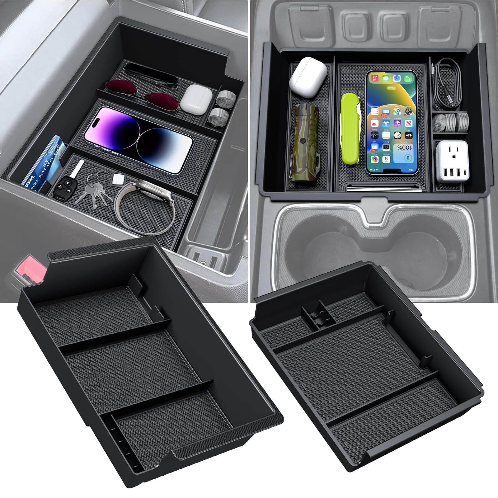 Sinvanho 2PCS Center Console Organizer Compatible with Chevy Silverado/GMC Sierra 2014-2018 1500/2500/3500HD Armrest Box Storage Tray, Truck Accessories, Full Console w/Bucket Seats Only