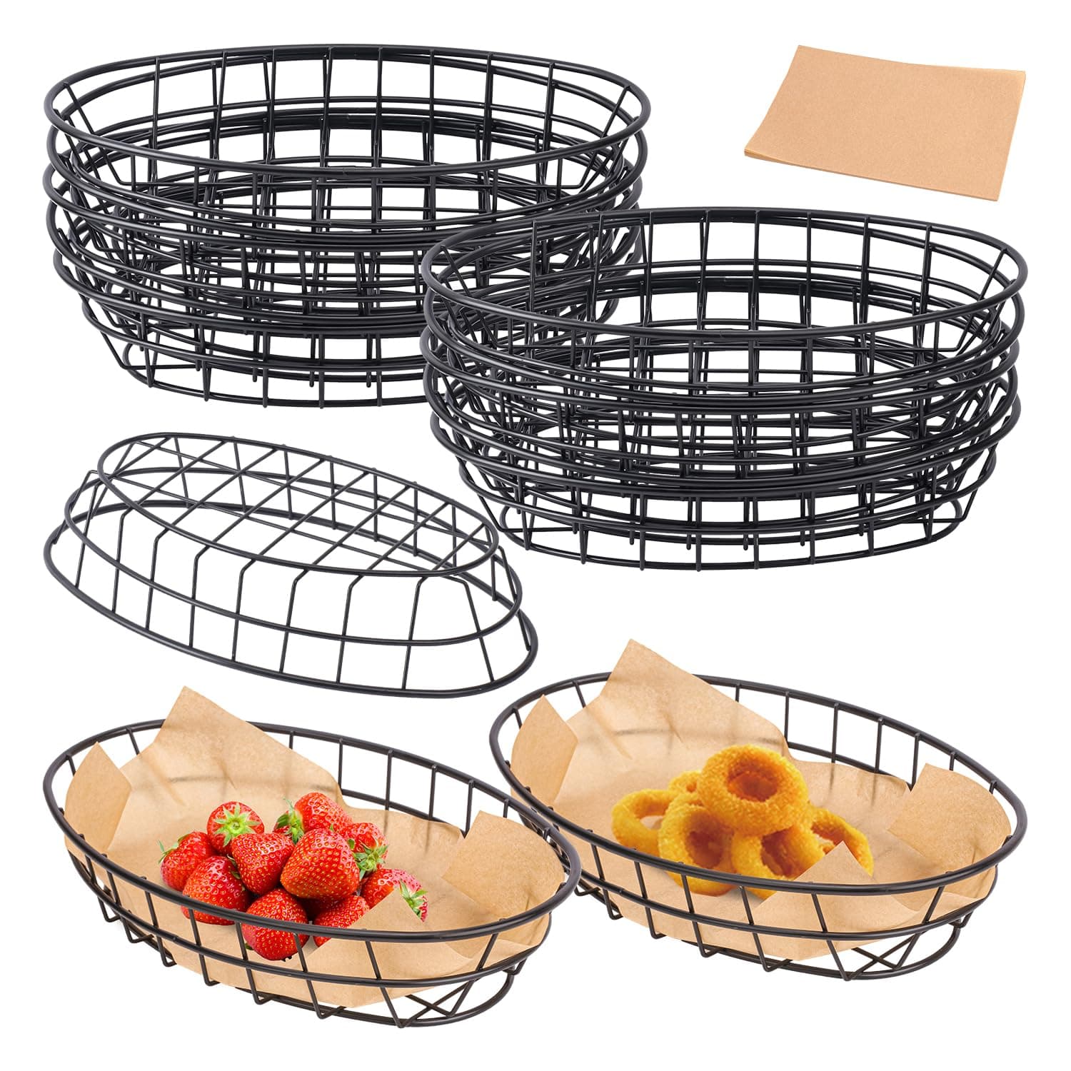 13 Pack Wire Bread Basket with 50 Sheets Deli Wrappers Paper, 9.65 x 6.1 x 2.17 Inch Metal Oval Bread Basket for Food & Fruit Serving – Durable Black Wire Baskets for Home & Kitchen