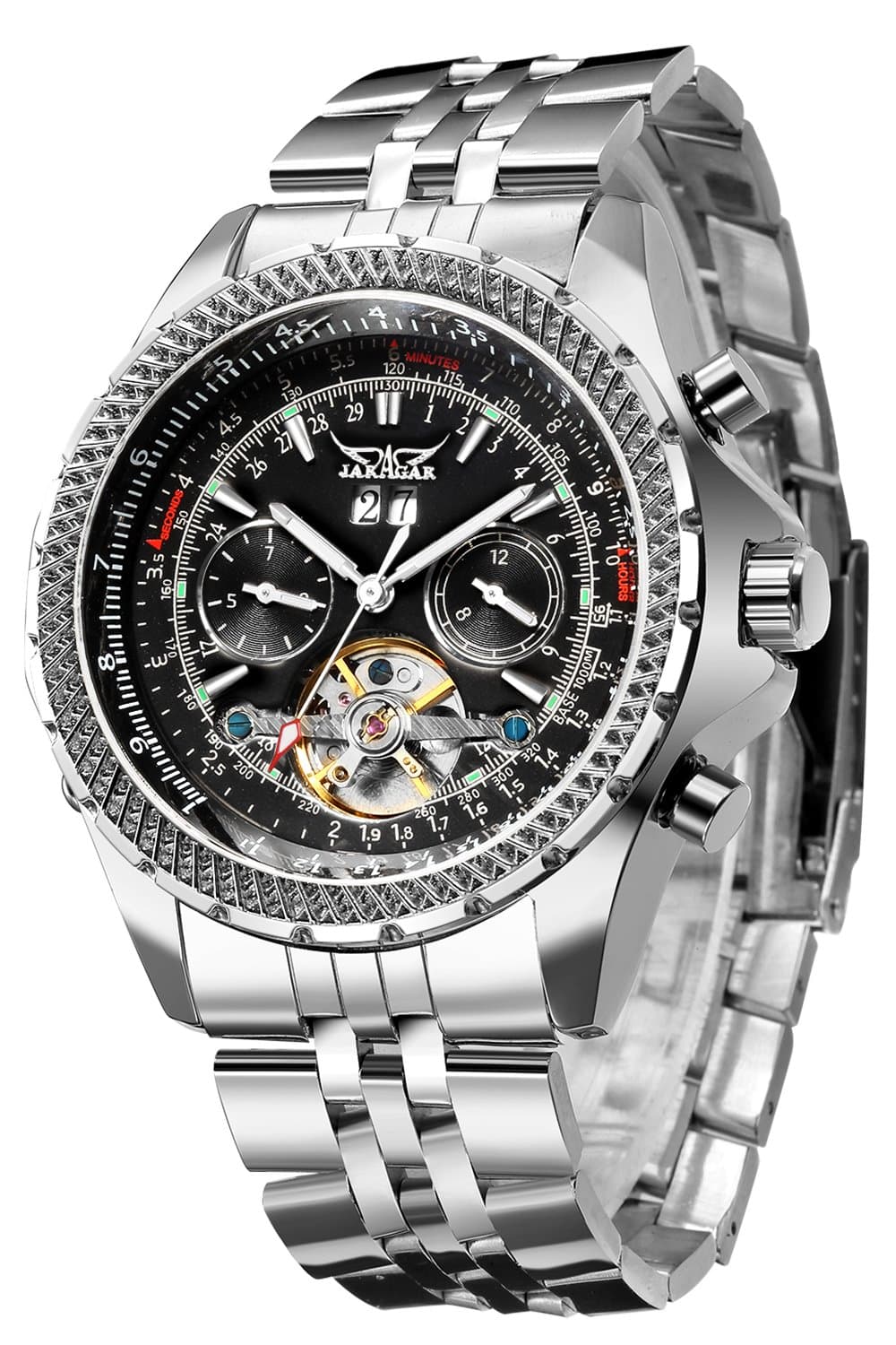 GuteClassic Multi Functional Automatic Mechanical Watch Luminous Tachymetre Black Face