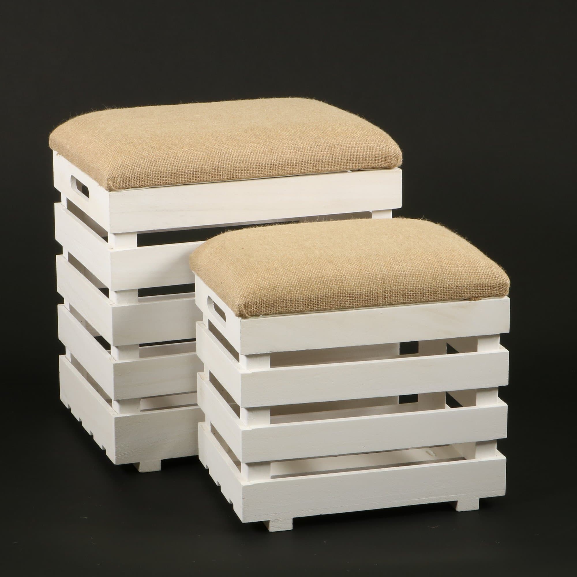 decomania- set of two nesting stool poufs and storage boxes with handles- wooden crate shape- Colour: WHITE and BEIGE