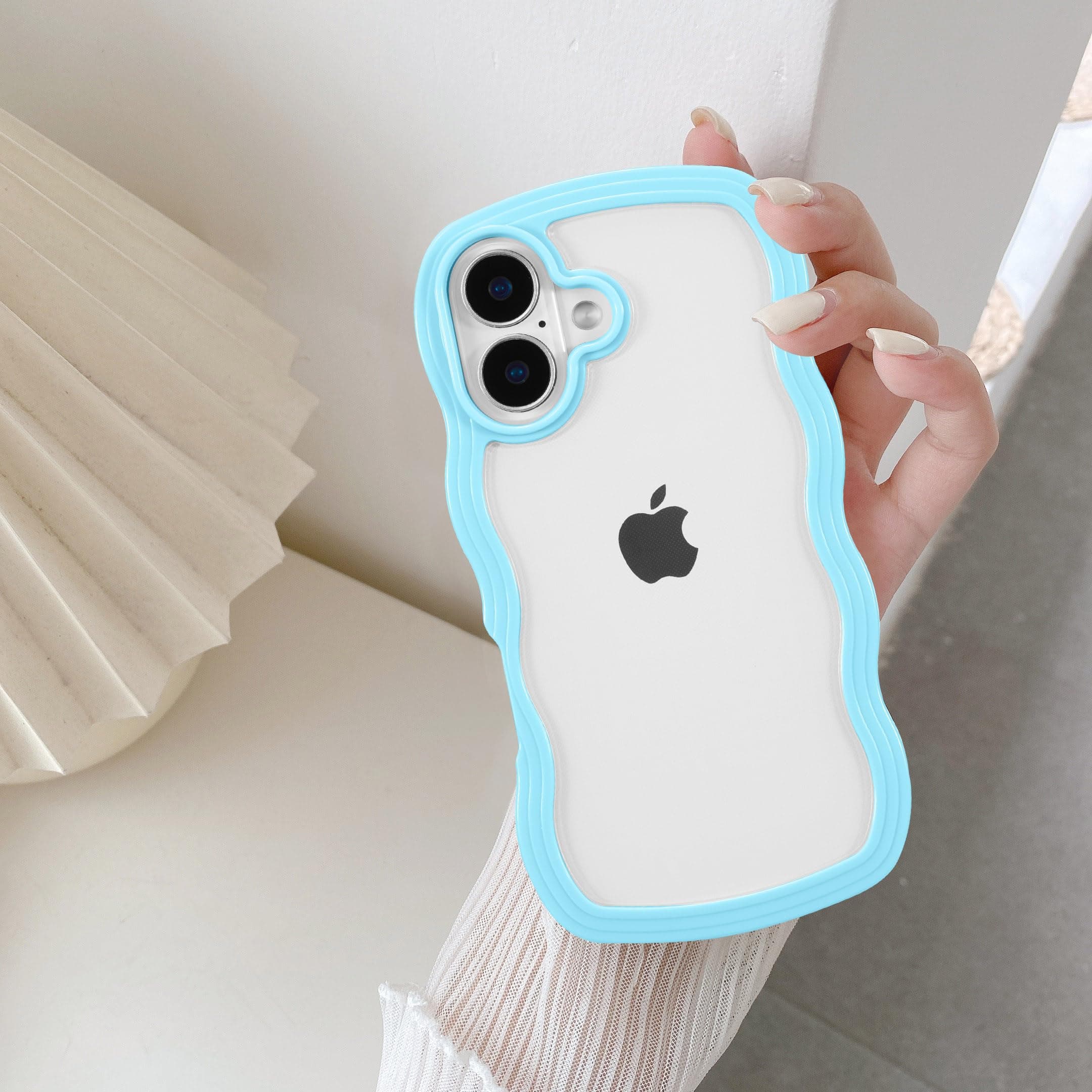 QLTYPRI Compatible with iPhone 17 Case, Cute Curly Wave Frame Clear Case for Girls Women, Transparent Soft Silicone TPU Bumper Shockproof Protective Cover for iPhone 17 - Sierra Blue