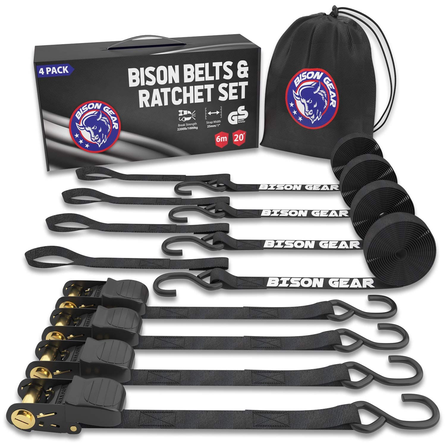 Ratchet Tie Down Straps 20ft 4 Pack by Bison Gear® UV Resistant 2200lb Heavy Duty Cargo Straps with Ergonomic Rubber Grips & Coated Deep S Hooks - Safety Standards Certified (Black)