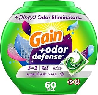 Flings Laundry Detergent Pacs with Odor Defense 60 Ct Super Fresh HE 3in1 Detergent Pacs with Febreze and Oxi