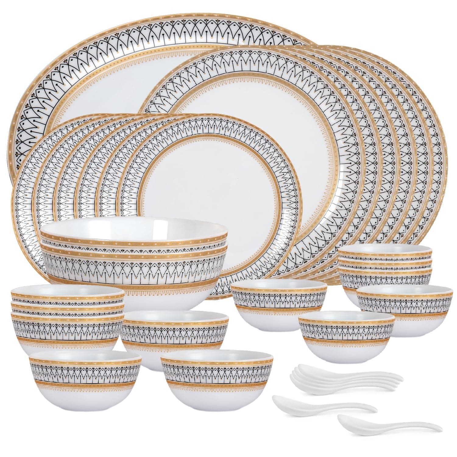 Cello Opalware Divine Series Elinor Dinner Set, 33 Units | Opal Glass Dinner Set for 6 | Crockery Set for Festive Ocassions, Parties | White Plate and Bowl Set