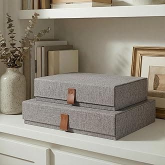 ZICOTO Decorative Photo Storage Boxes with Lids - Set of 2 Beautiful Linen Organizers Are Perfect to Safely Store Your Pictures, Documents, Scrapbooking Supplies, Keepsakes and Other Memories in Style