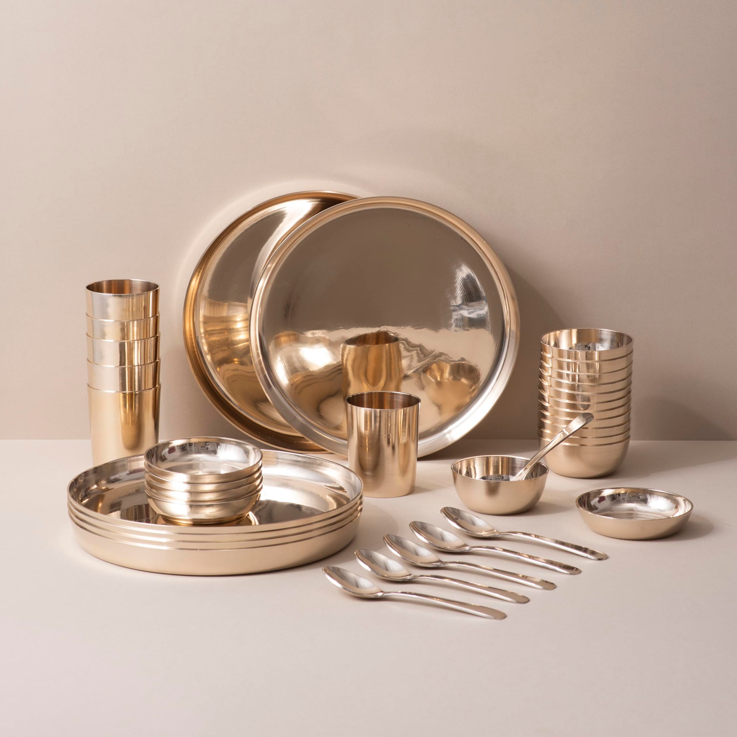 Veda Essentials. 36-Piece Kansa Dinner Set | Gloss Finish | 6 Plates (10.5 Thali, 12 Bowls, 6 Glasses, 6 Sweet Dish Plates, 6 Spoons | Authentic Indian Dining Collection | A Thoughtful Gift
