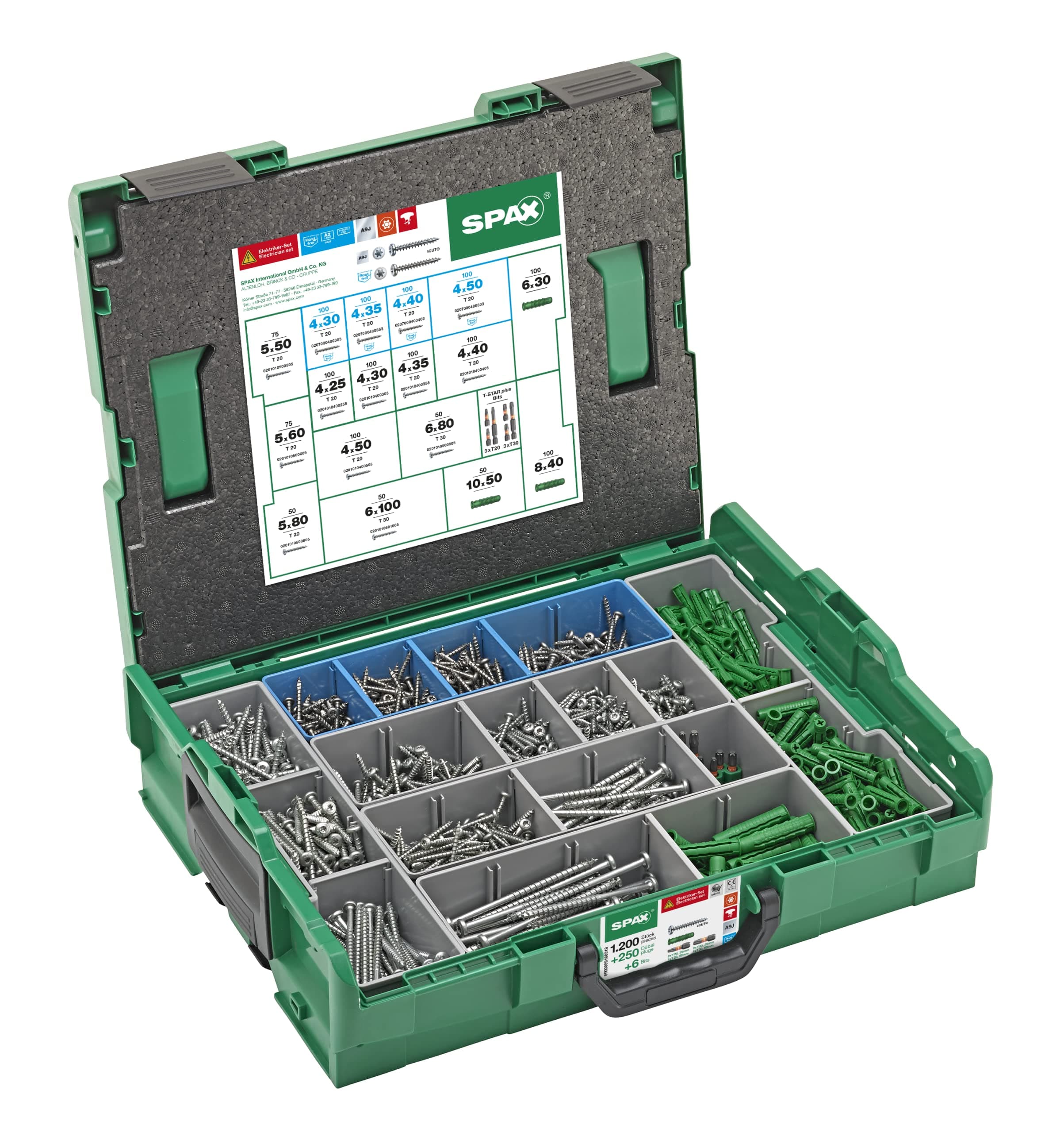 L-BOXX Large Electrician Set Including 1,200 Button Head Screws in 14 Dimensions, 250 Matching Dowels and 6 T-Star Plus Bits