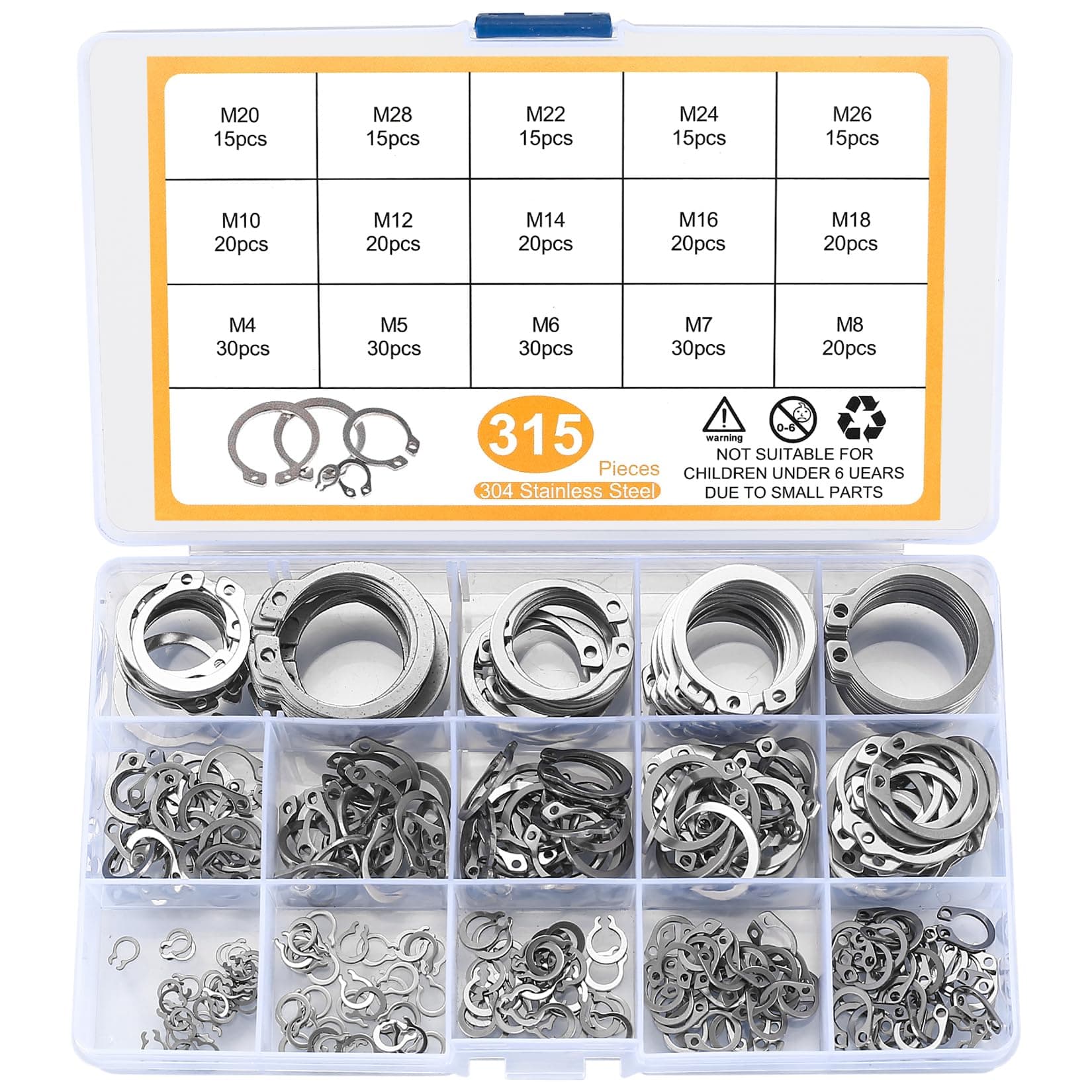 315 Pcs Snap Rings, External Retaining Rings Kit, C Clips Circlip Snap Retaining Rings Assortment Set, Secure Parts on Studs/Grooved Shafts/Pins, 15 Sizes (Stainless Steel, Silver)