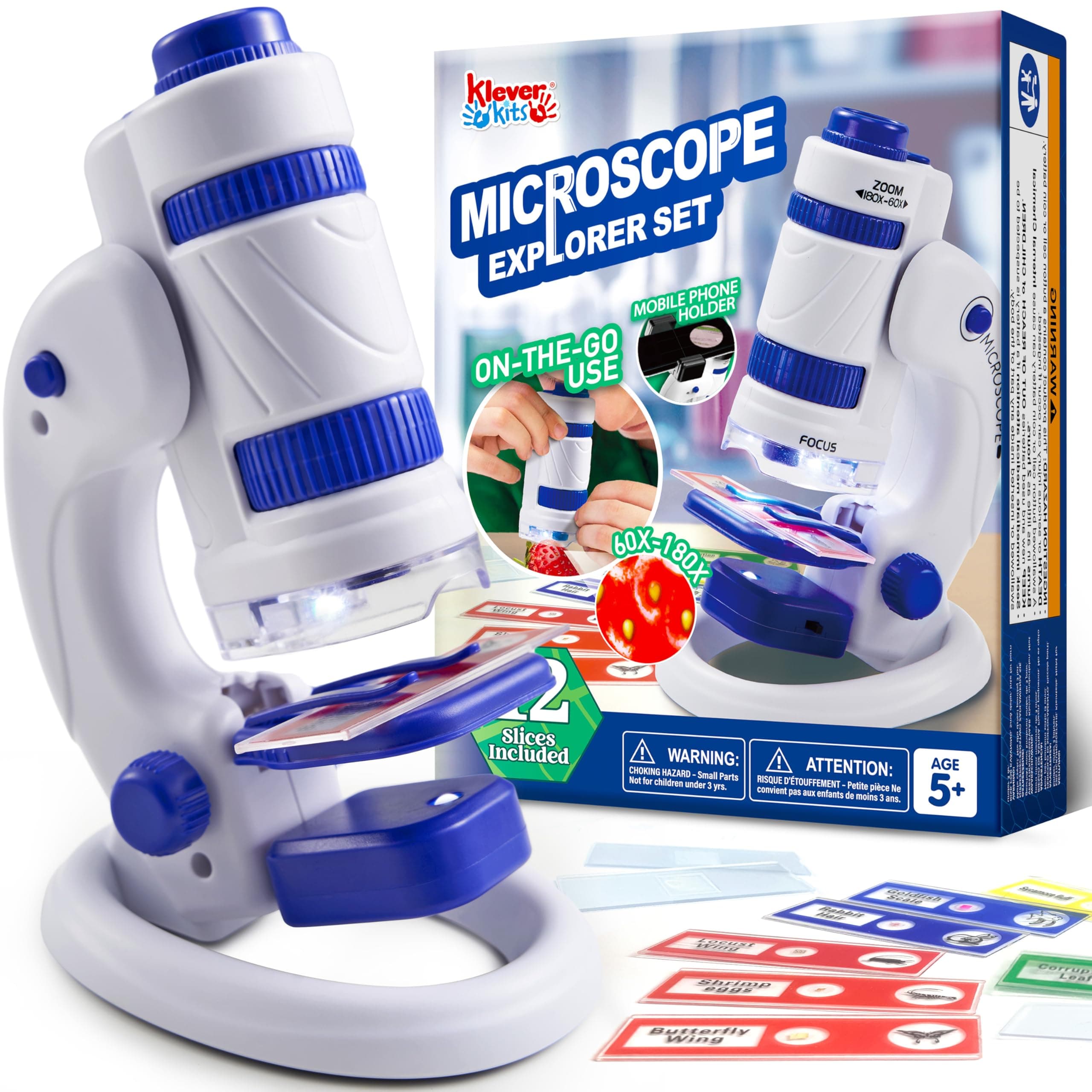 Klever Kits Microscope Explorer Set for Kids, 2 in 1 Science Experiment Toy with Portable Microscope and 12 Specimen Slides, 60X-180X, Educational Toys for Kids Aged 5+ by Jova