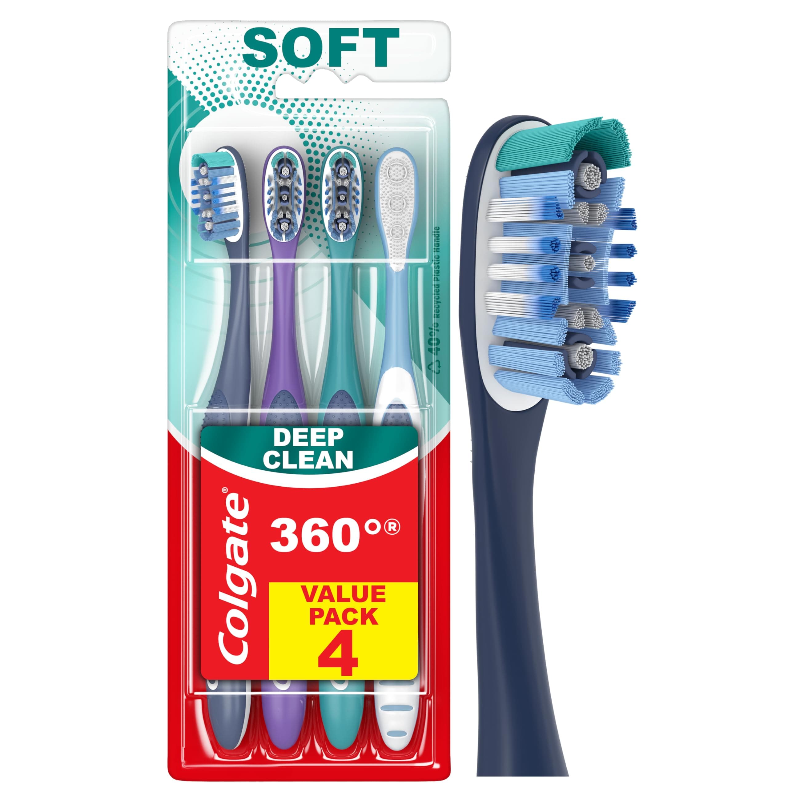 360 Deep Clean Soft Toothbrush for 4 in 1 Bacterial Removal, Features Floss Tip Bristles and Tongue Cleaner, 4 Count