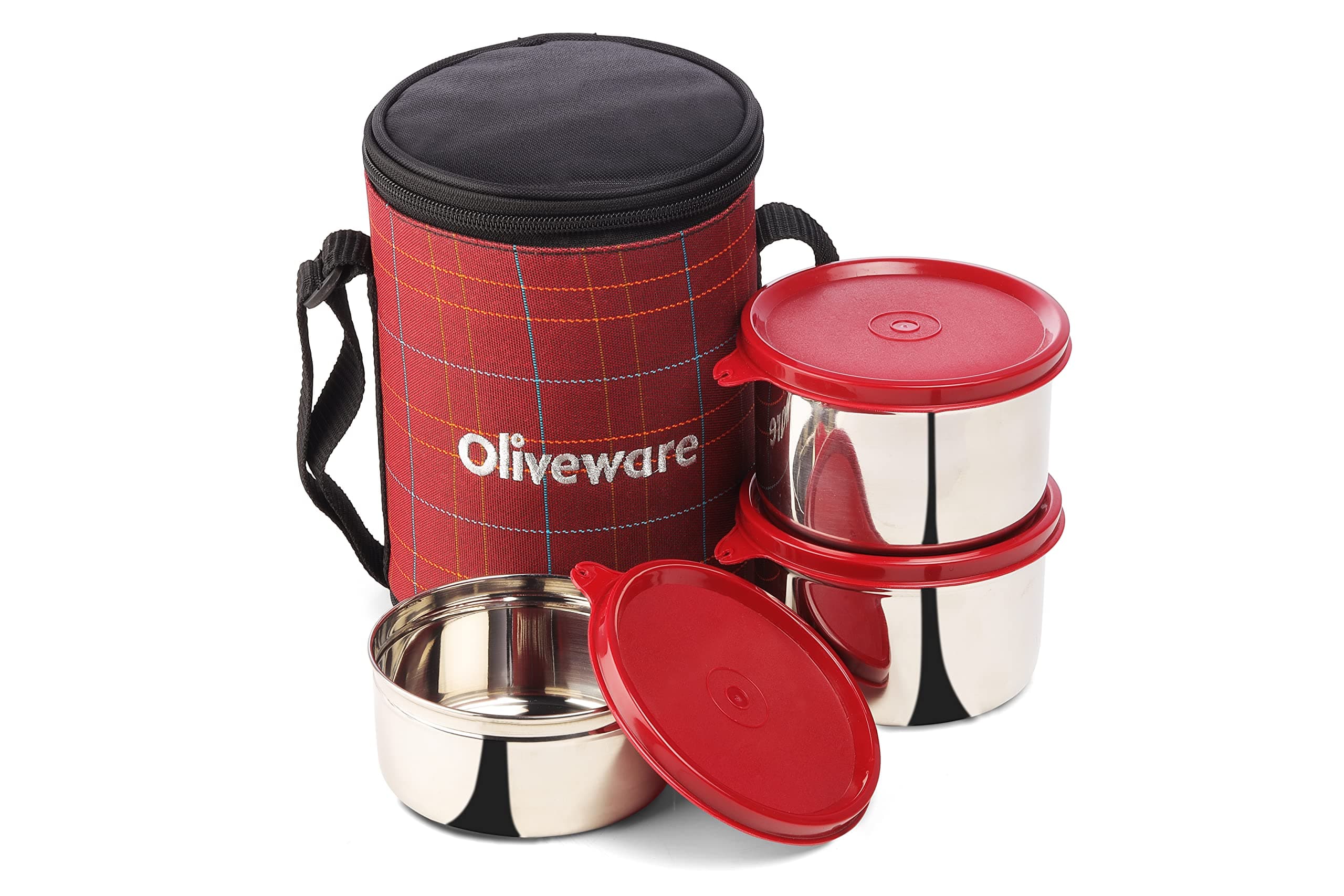 SOPL-OLIVEWARE Absolute Lunch Box, 100% Leak Proof, 3 Stainless Steel Containers with BPA Free Lids (2x600ml & 450ml), Fabric Bag (Red)