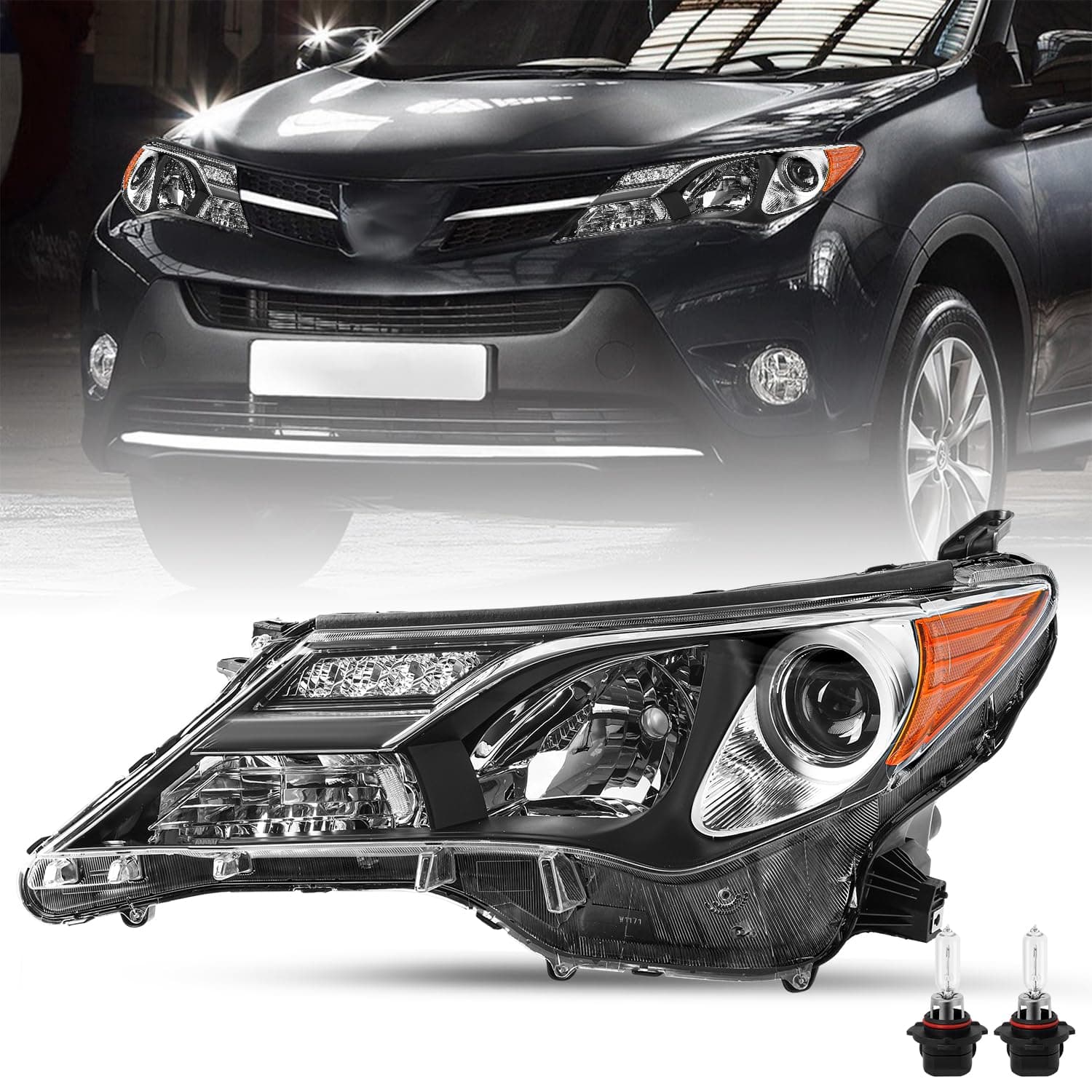 Headlight Assembly Fit for 2013 2014 2015 Rav4, 13 14 15 Rav 4 OE Style Halogen Headlamp Replacement Left Driver Side with Bulbs