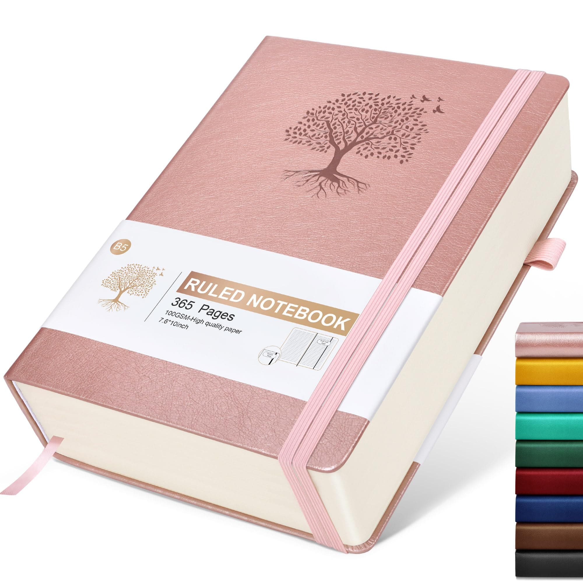 Lined Journal Notebook, 365 Pages B5 Large Journals for Writing Ruled Notebook, Pink Hardcover Leather Journals for Women Men, Daily Notebook for Work, Note Taking, 100Gsm Thick Paper( 7.6'' X 10'' Rose Gold)