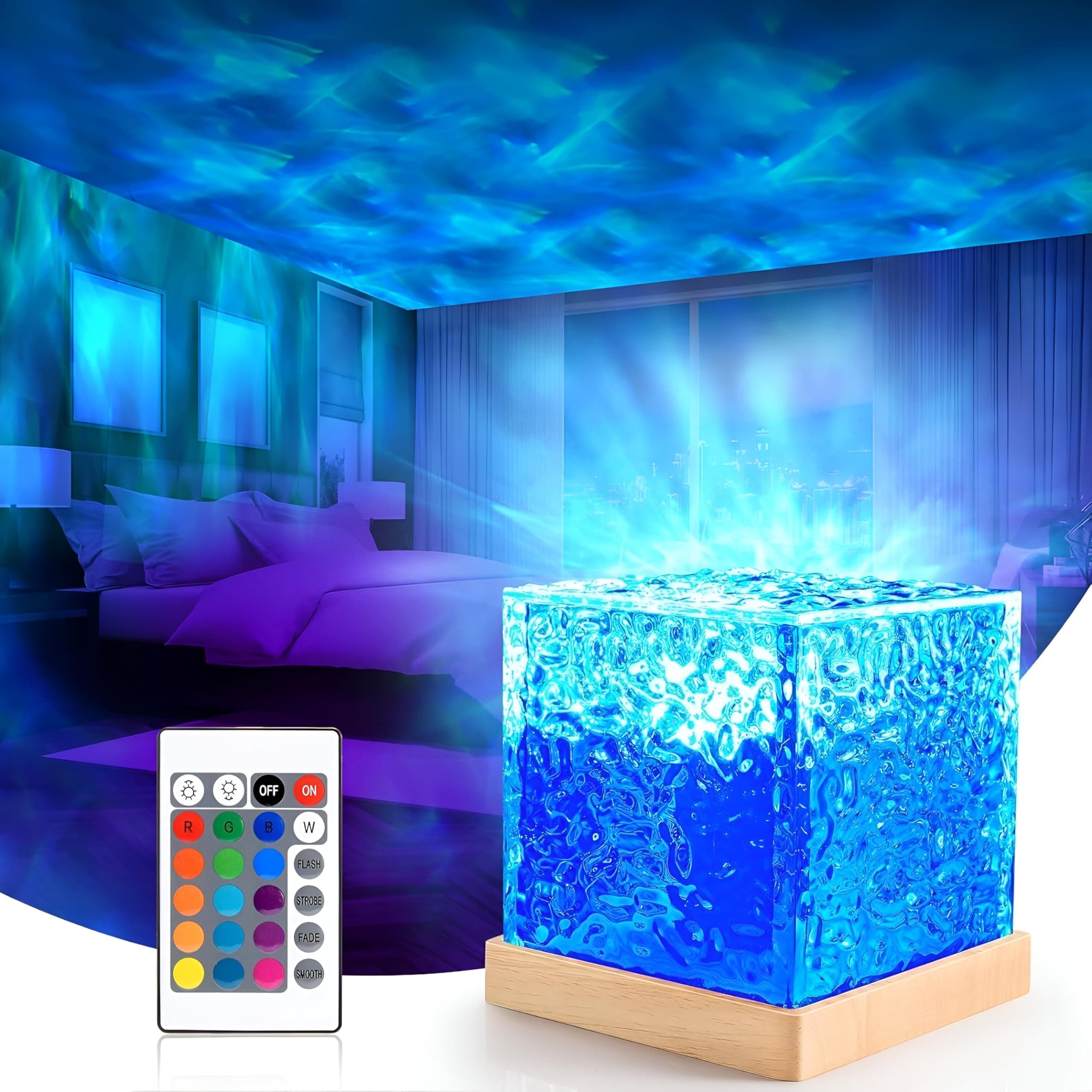 16 Colors Ocean Ripple Wave LED Table Lamp - Remote Control and Touch | Northern Lights Projector for Bedroom | Aurora Glow Night Light Decorative