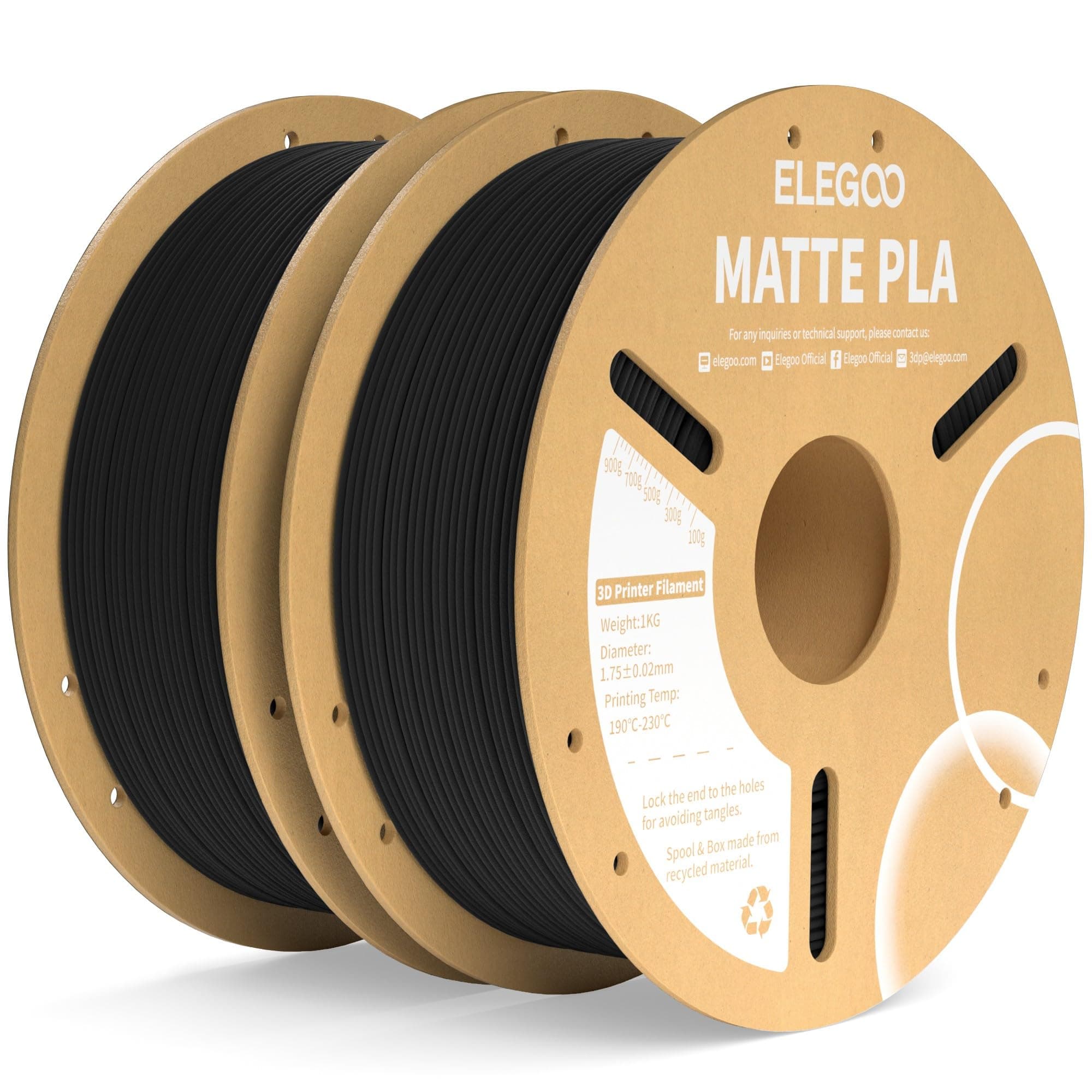 Matte PLA Filament Black 2KG, 1.75mm 3D Printer Filament Dimensional Accuracy +/- 0.02mm, 2pcs 1kg Carboard Spool (2.2lbs) Fits for Most FDM 3D Printers