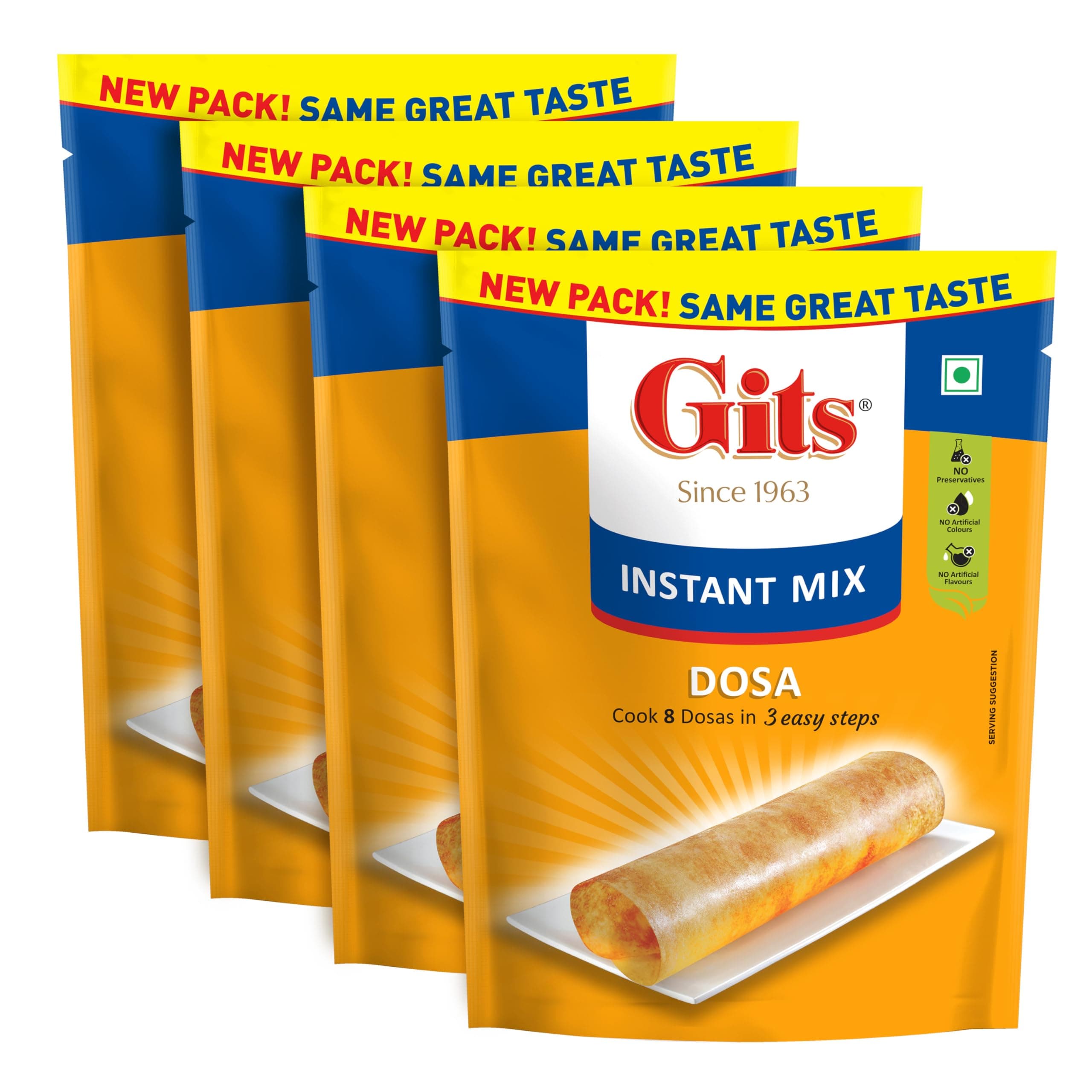 Gits Instant Rice Dosa Breakfast Mix, Makes 8 per Pack, Pure Veg, South Indian Breakfast Mix, 800g (Pack of 4, 200g Each)