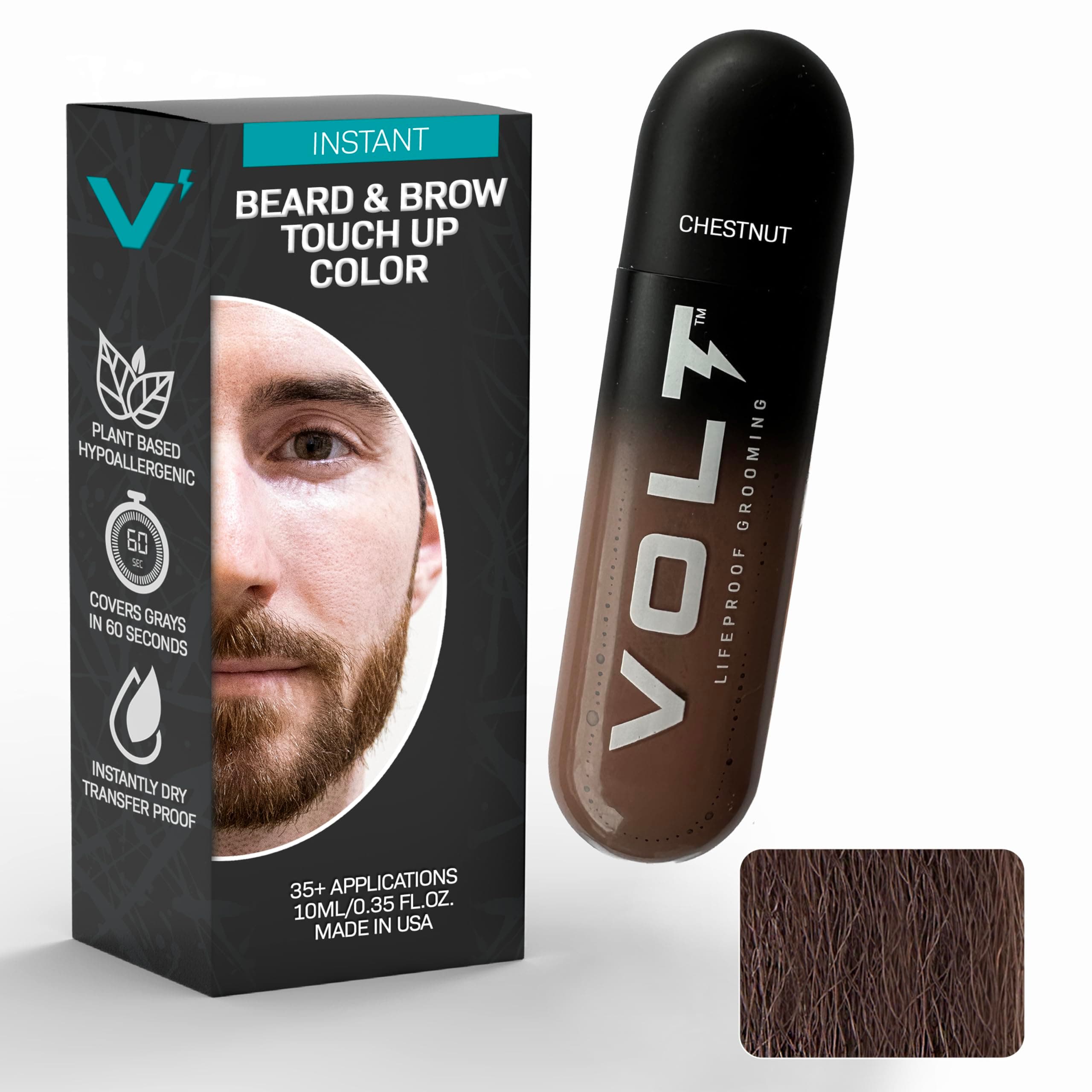VOLT Grooming Temporary Instant Beard Color for Men, Quick Drying Plant-Based Brush On Beard, Hair, Mustache & Eyebrow Color, Safe for Sensitive Skin, Chestnut Brown Red, 1 Pack, Up to 35 Applications