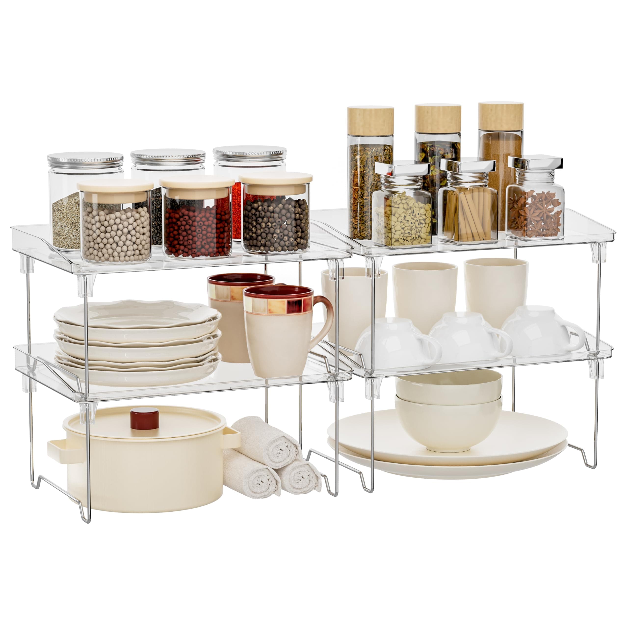 Acrylic Cabinet Organizer Shelf,4 Pcs Stackable Kitchen Counter Shelves,Spice Rack,Countertop Organizers,Clear Plastic Storage Organization for Makeup，Bathroom,Cupboard,Desk,Pantry