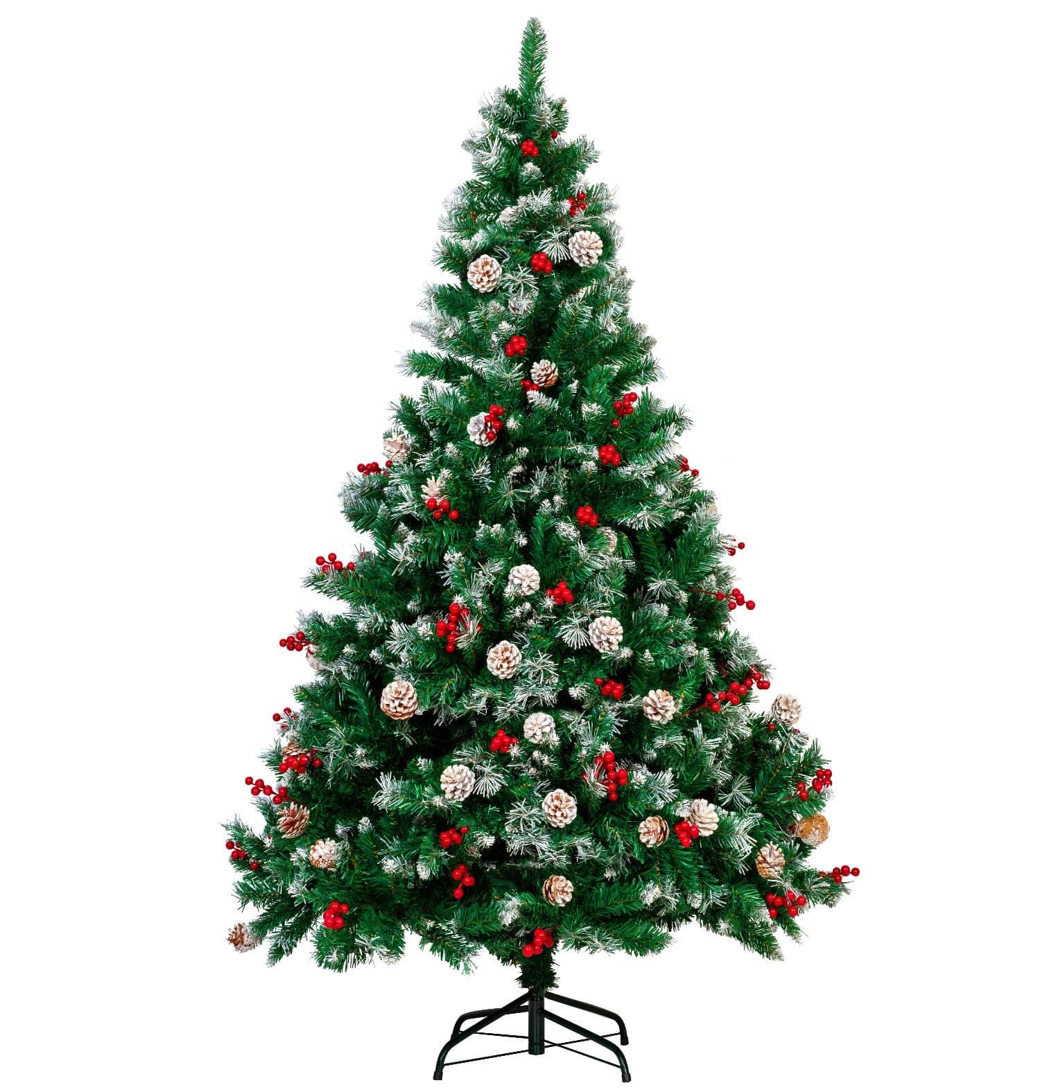 sunseen 7FT Christmas Tree Hinged Artificial Christmas Trees with Red Berries and Pine Cones Ornaments Fake Metal Stand Christmas Tree for Xmas Indoor Decor (7ft（Pinecone Berry）)