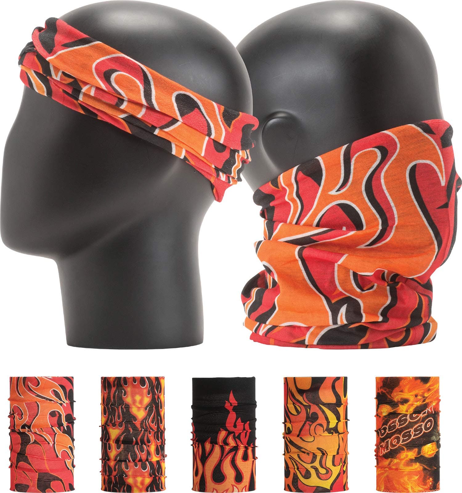 Leevo Pattern Bold Headwear Scarf Boho Headband Wrap Shield Neck Gaiter Bandana (Free Size (18.5” * 9.25”), Red and Black Flame No.1, 5pcs total)