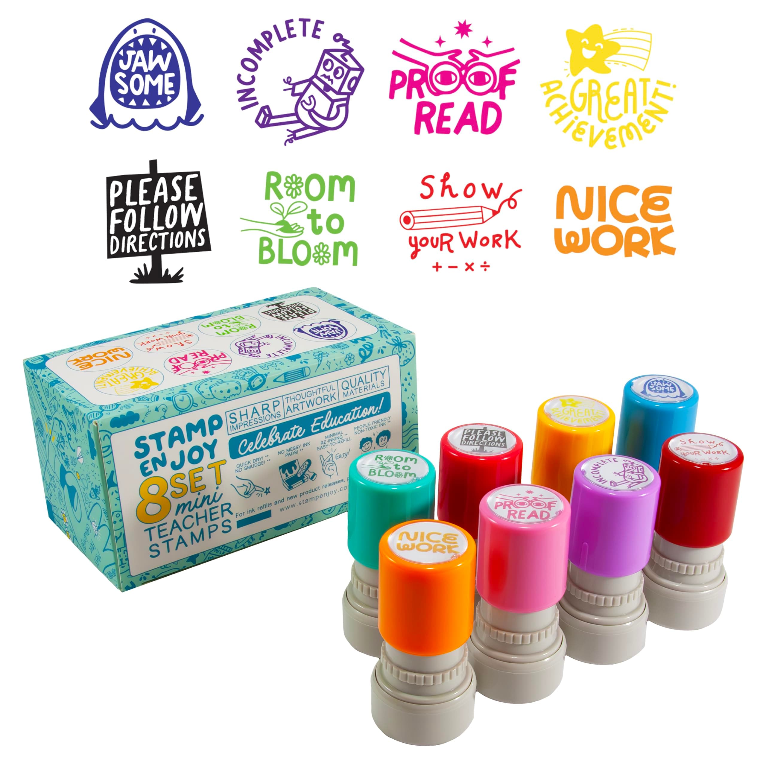 8 Self-Ink Flash Stamp Set, Multicolor Teacher Stamps, Office Stationery Stamps, Pre-Inked, Refillable Stamps (North Star Set)
