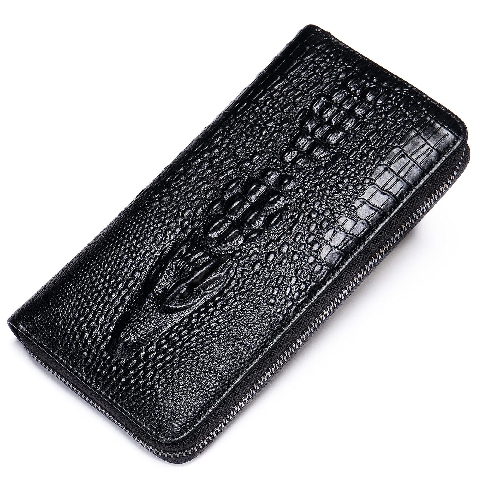 Genuine Leather Cool Long Wallets for Men Personalized Zip Around Wallet Checkbook Cash Credit Card Holder Wallet Black