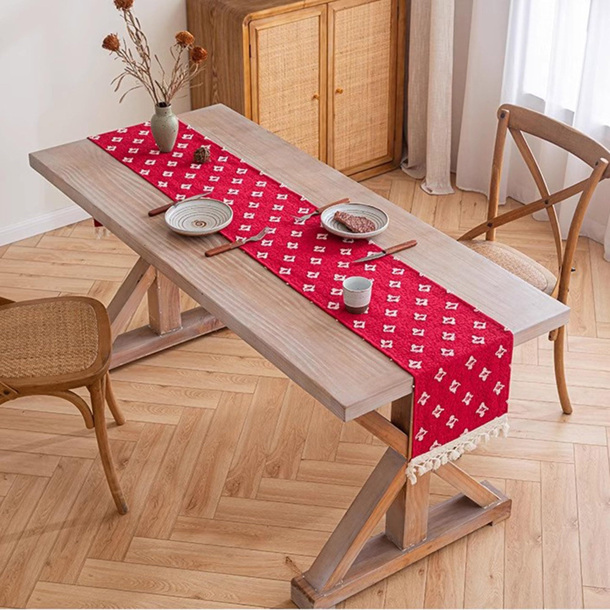 Dining Table Runner with Hand Tassels for Coffee Party Wedding Birthday Engagement Decorations Indoor Outdoor Heat Resistant Washable (200x30cm, Dark Red)