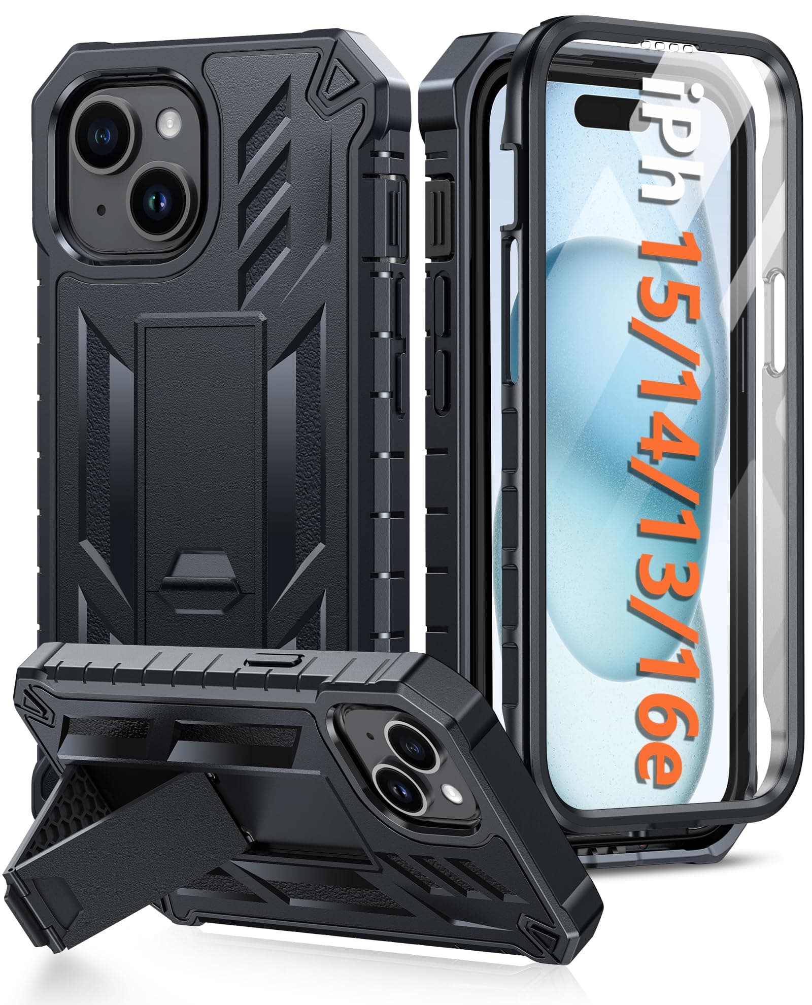 FNTCASE for iPhone 15 Case: for iPhone 14 Case & iPhone 13 Case [Built-in Screen Protector & Kickstand] [Military Grade Drop Protection] Heavy Duty Full Protective Shockproof TPU Phone Cover - Black
