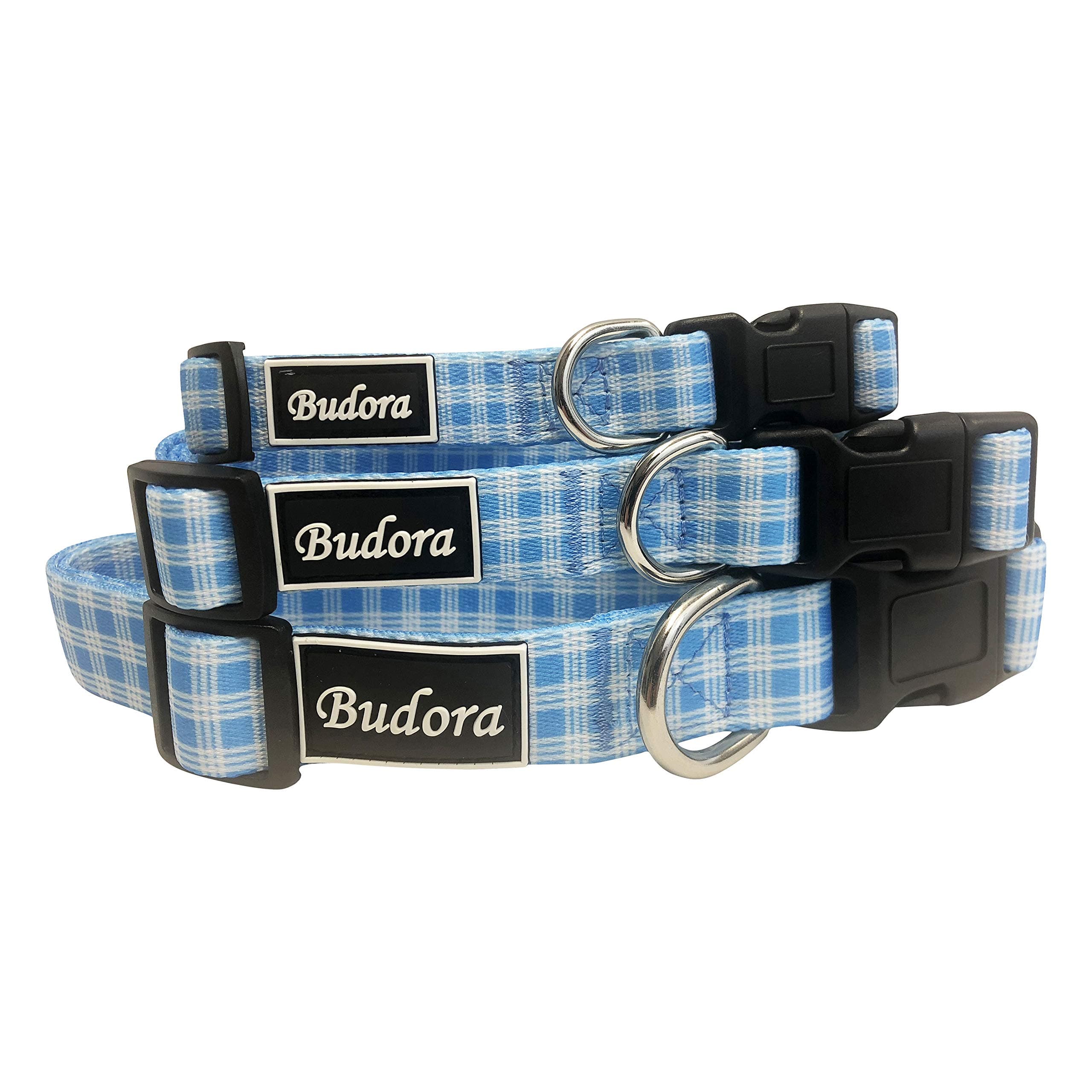 Budora Direct 4 Design Checkered Pattern Red, Baby Blue, Pink, Black, Playful Puppy Senior Male Female Cute Adjustable Pet, Dog, Cat Collars (Small, Blue)
