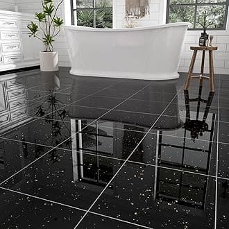 10-Pack 10 Sq.Ft Peel and Stick Floor Tiles Vinyl Glossy Pattern Flooring, 12” x 12” Self Adhesive Vinyl Flooring DIY for Kitchen, Bathroom, Laundry, Polish Black Galaxy Marble