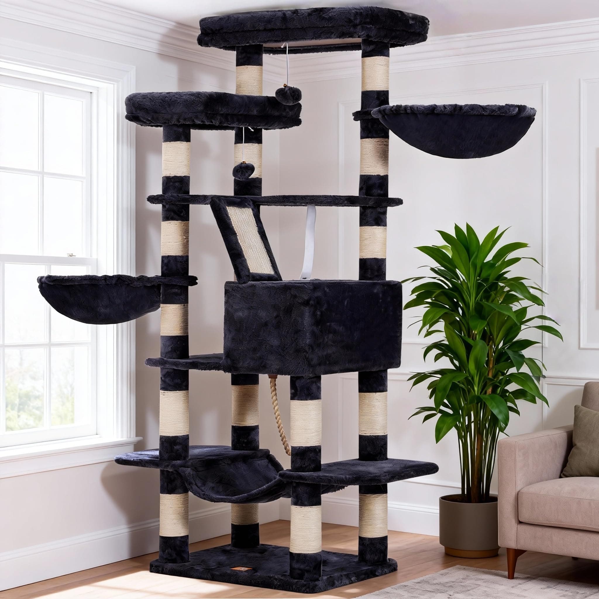 Heybly Cat Tree for Large Cats,68 inch Multi-Level Cat Tower for Indoor Cats,2 Widened Plush Perches Cat Condo with Scracthing Board and Big Caves,Smoky Gray HCT025G