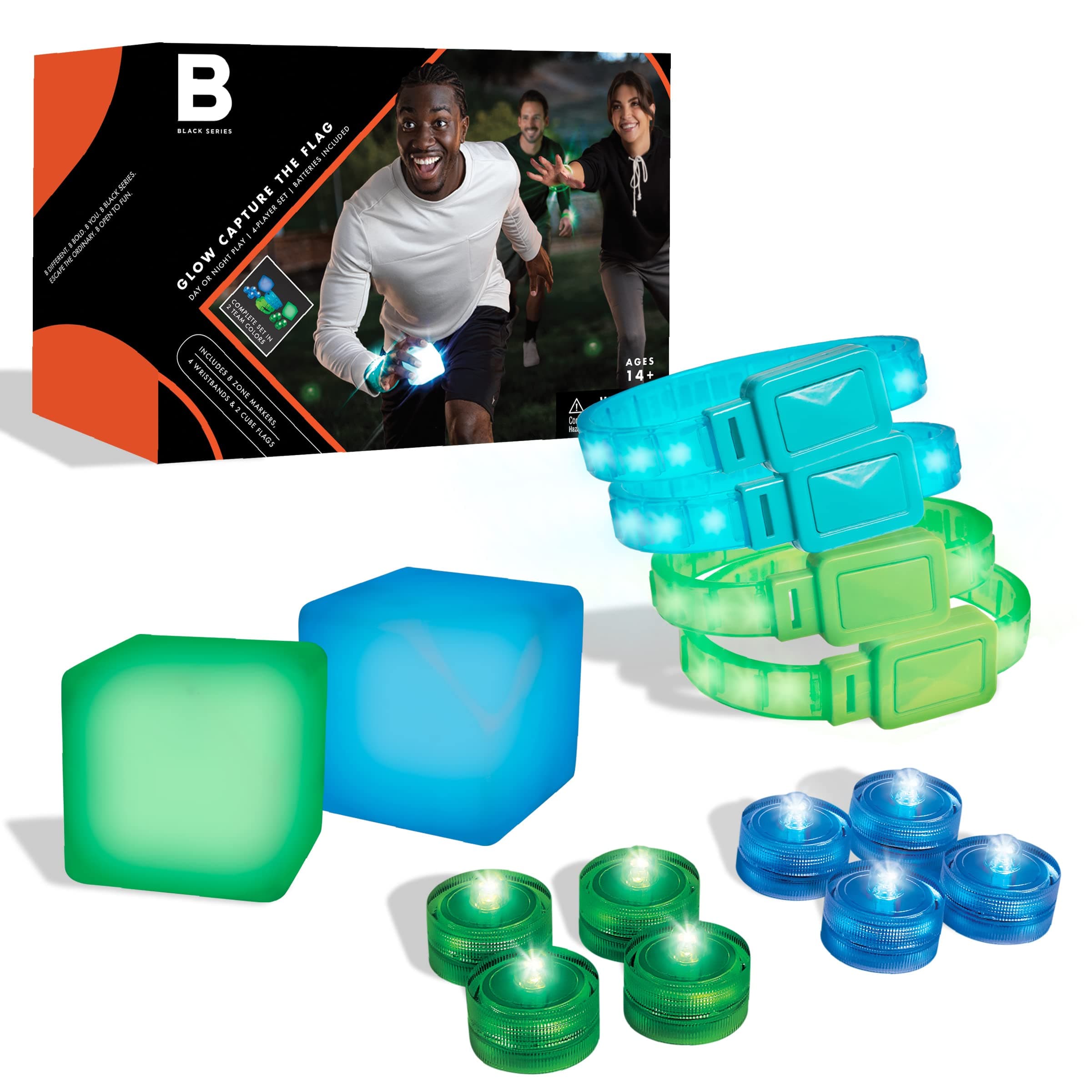 Black Series Capture The Flag LED Glow Set, 4-Player Kit, Two Teams, 4 Wristbands, 2 Cube Flags, 8 Zone Markers, Fun Outdoor Game for Day Or Night