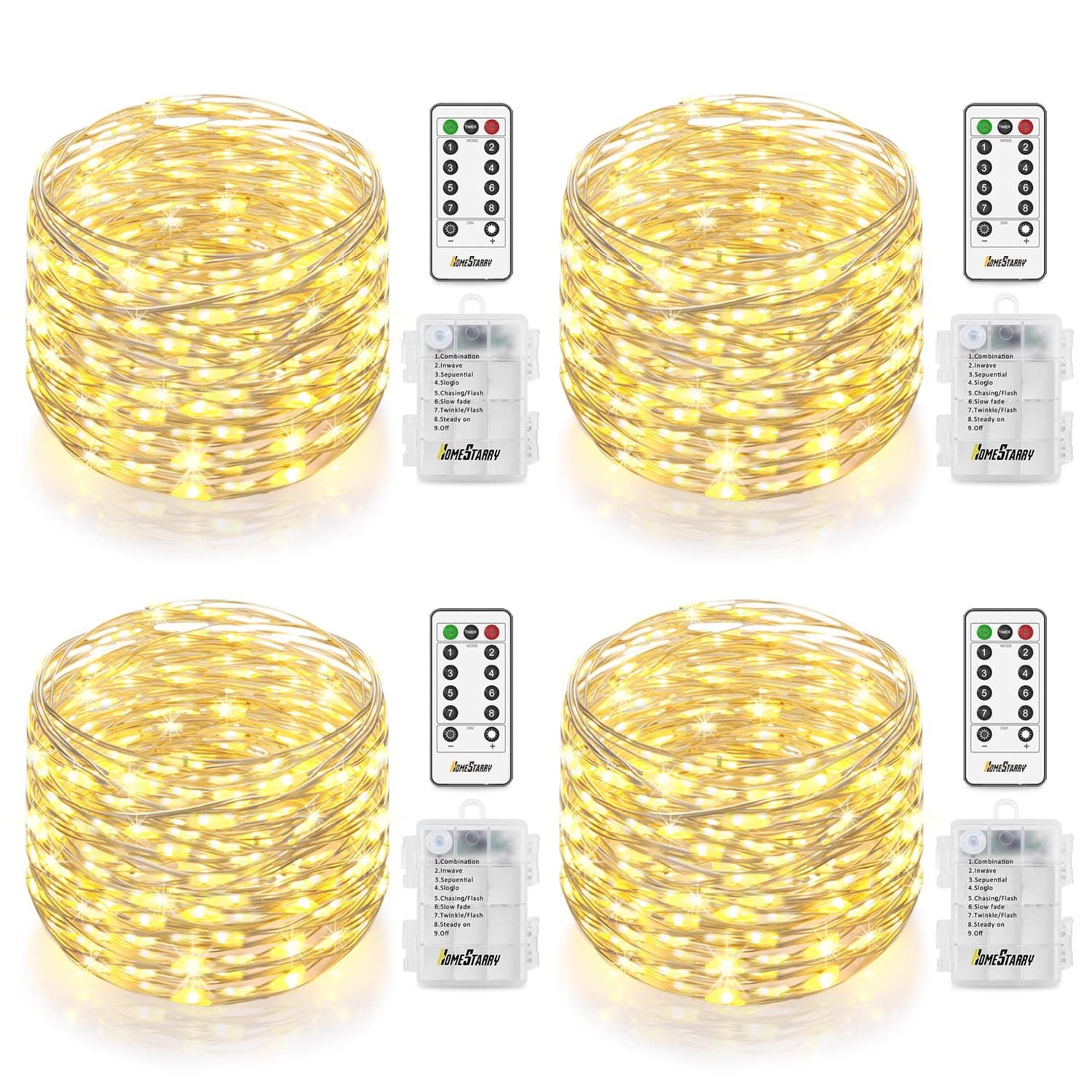 4 Pack Fairy String Lights Battery Operated Waterproof 8 Modes Remote Control, 66 LED's, 16.4 ft, Warm White