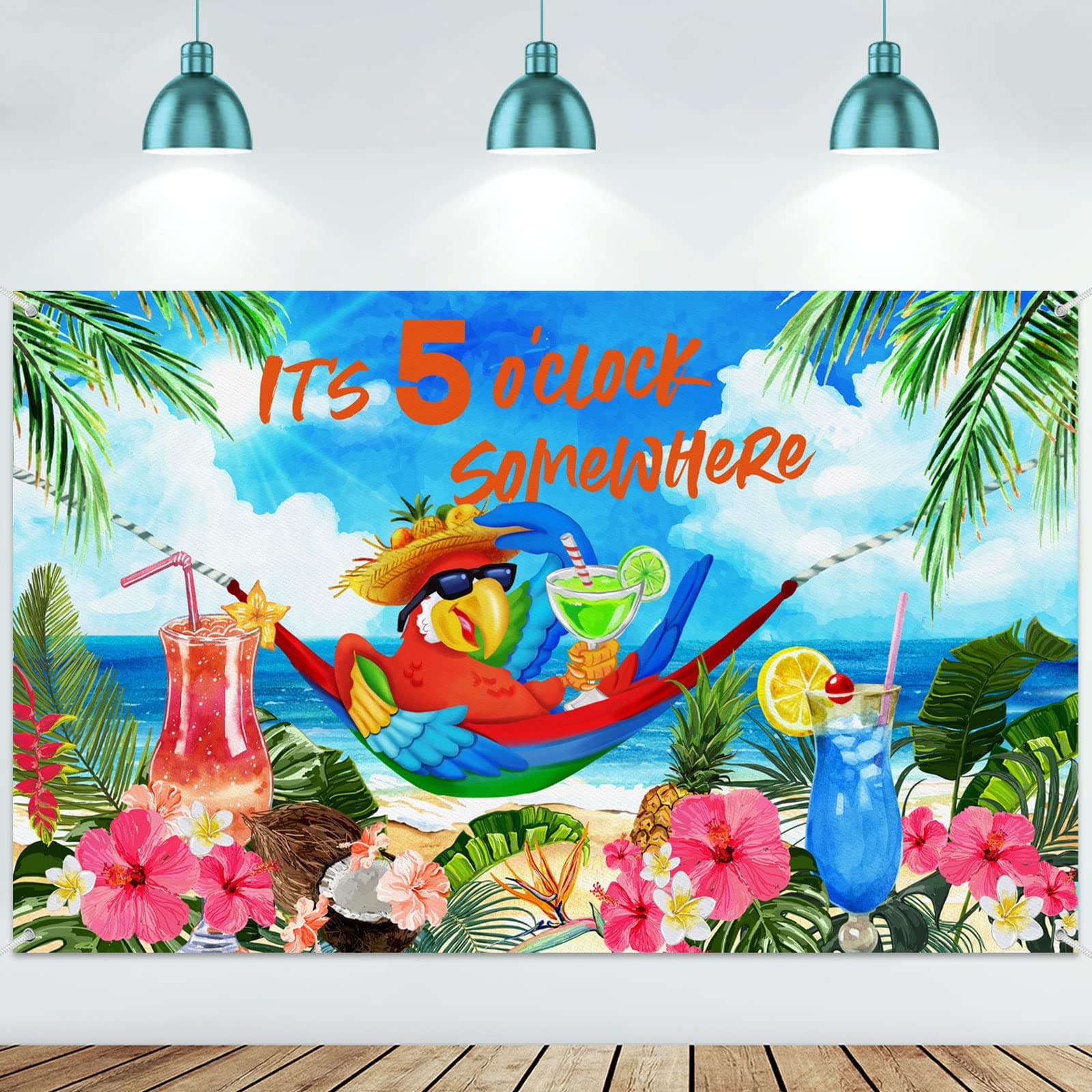 It's 5 O' Clock Somewhere Backdrop Tropical Parrot Banner Summer Beach Hawaii Decoration Polyester Background Nautical Cocktails Drinks Bar Party Supplies Holiday Photo Booth Prop Indoor Outdoor