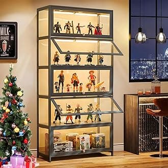 5 Tier Curio Display Cabinet, Acrylic Glass Door, Collectibles Toy Organizers Rack & Display Shelf, Kids Bookcase for Bedroom, Reading Nook, Toddler's Room, Bamboo
