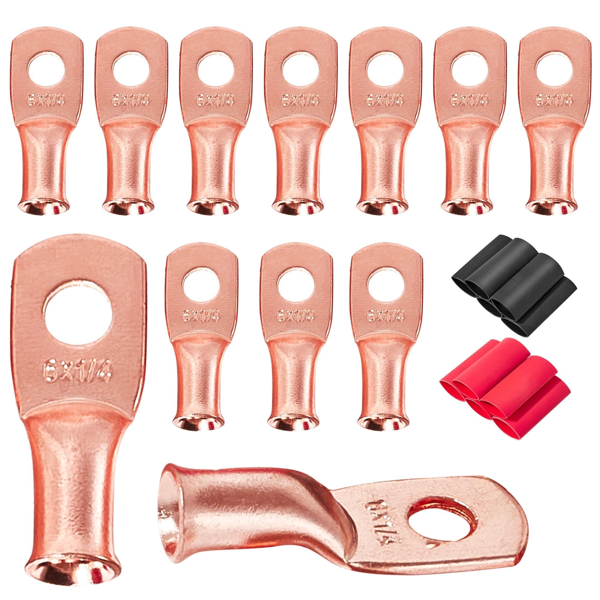 RED WOLF Battery Cable Ends 6 AWG x 1/4" Wiring Copper Connector Ring Terminals Stud 10 PCS w/3:1 Heat Shrink Tubing Black Red for Automotive Electrical 6 Gauge Wire Lug Marine Grade