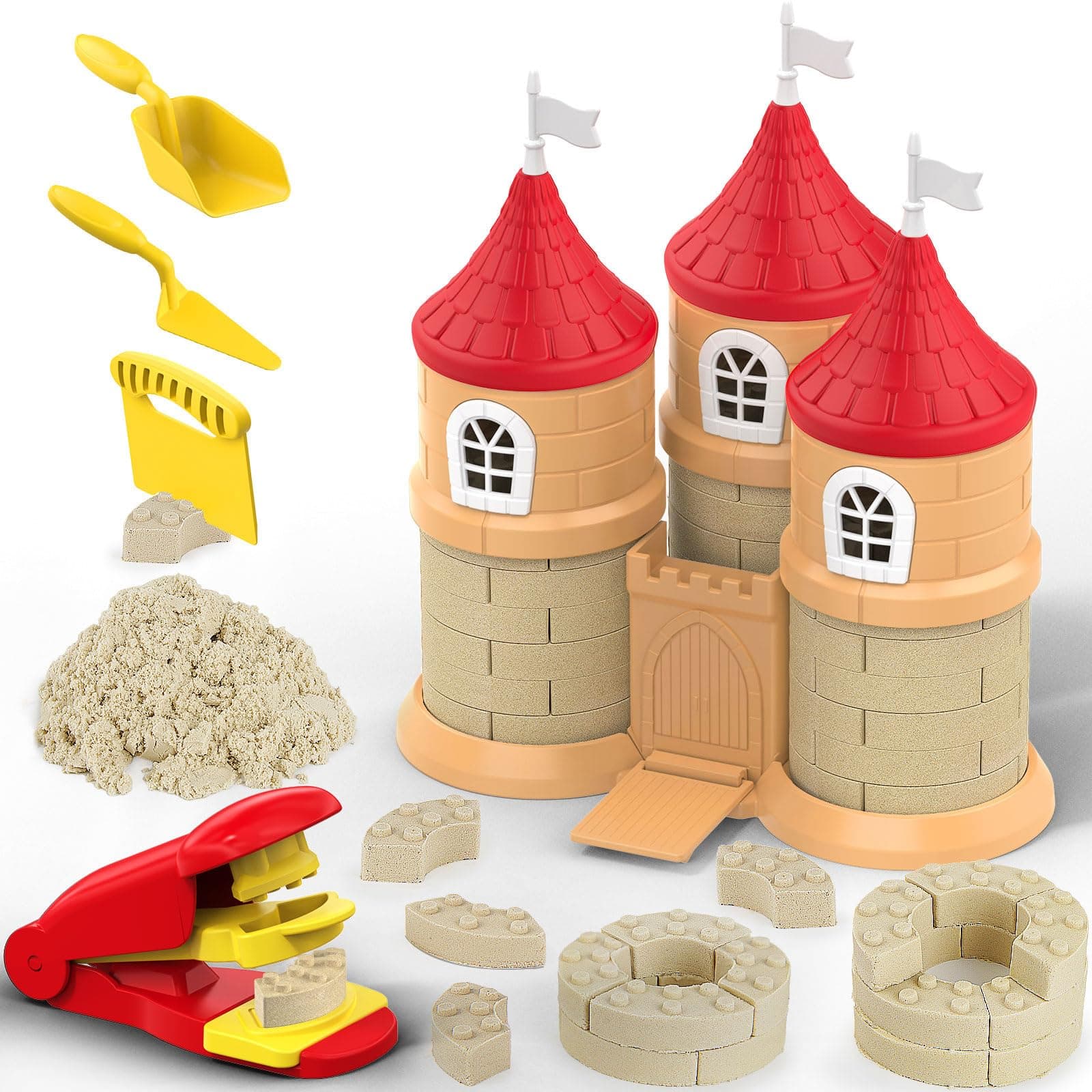 Play Sand Set, 1.7 lbs Moldable Sensory Sand, Building Molds, Brick Press and 3 Tools, Sensory Building Toys Birthday Gifts for Kids Boys and Girls Age 3+ (Castle)