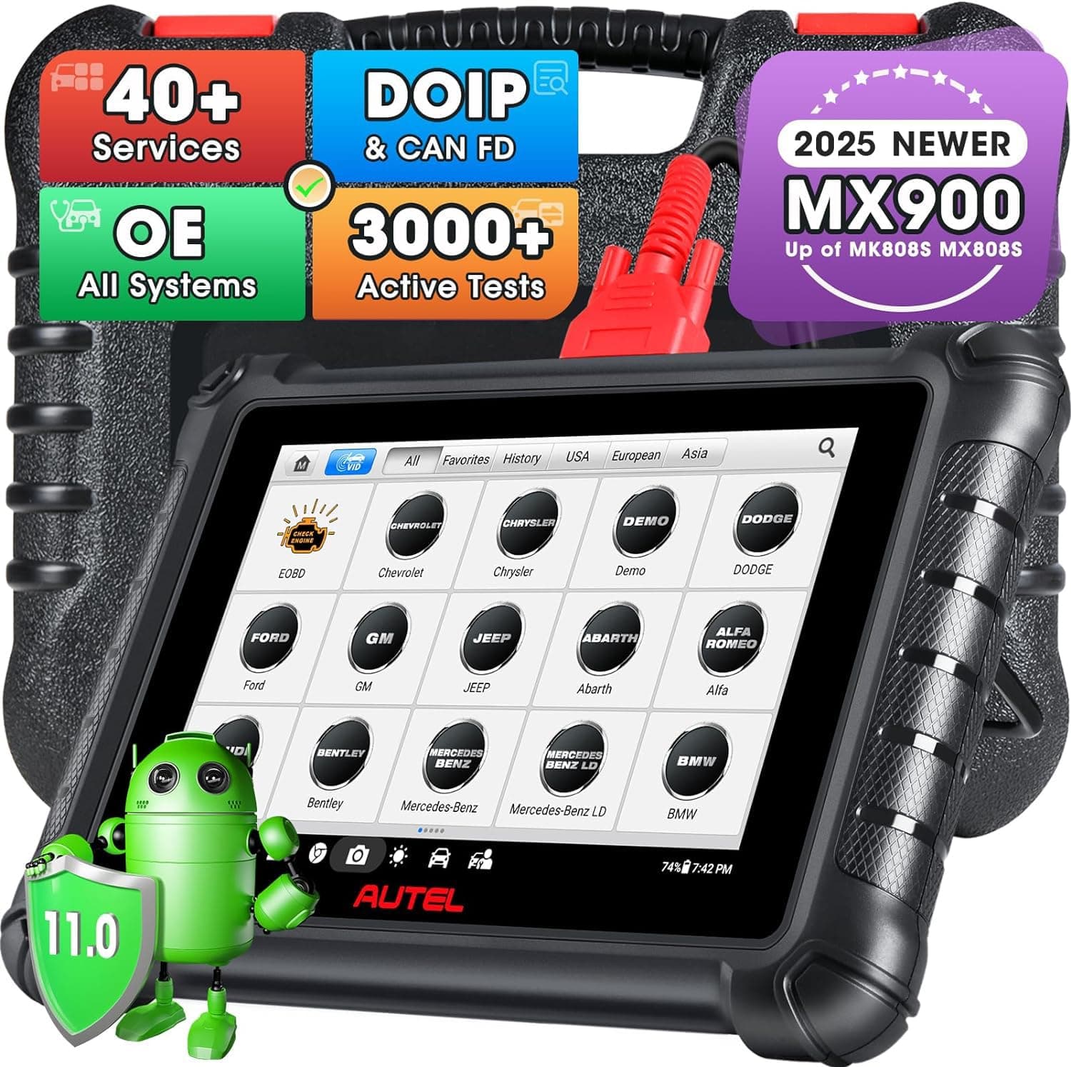Autel MaxiCheck MX900 Scanner, 2025 Bidirectional Diagnostic Scan Tool Same as MK900, 8in Up of MaxiCOM MK808S MX808S MK808BT PRO MS906, CAN FD DoIP, 3000+ Active Tests, 40+ Services, All Systems, FCA