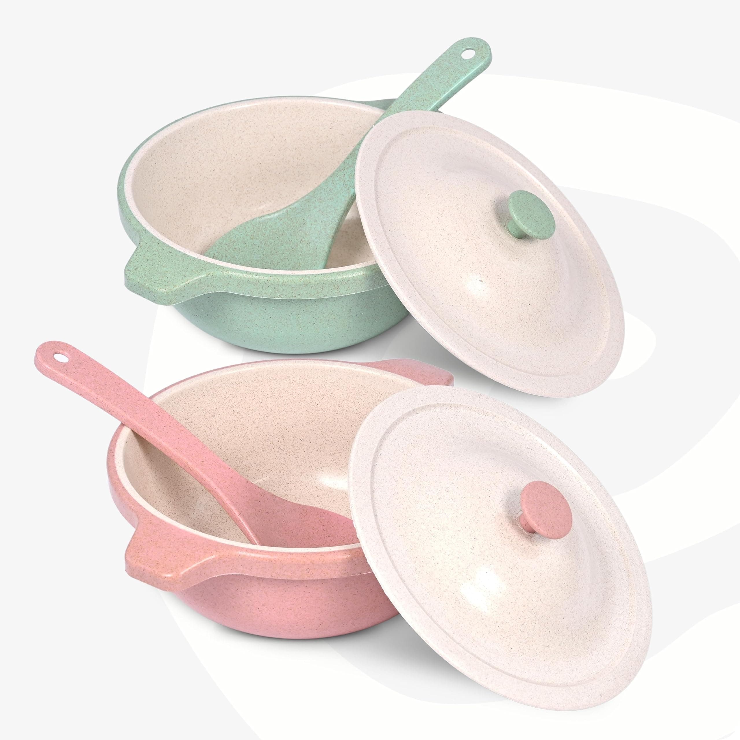 Earth Friendly Serving Bowls with Lid | Microwave Safe | Made with Rice Husk and Bamboo Fibers | 1250 ml Each | Set of 2 | Innocent-Celeste Pink & Green